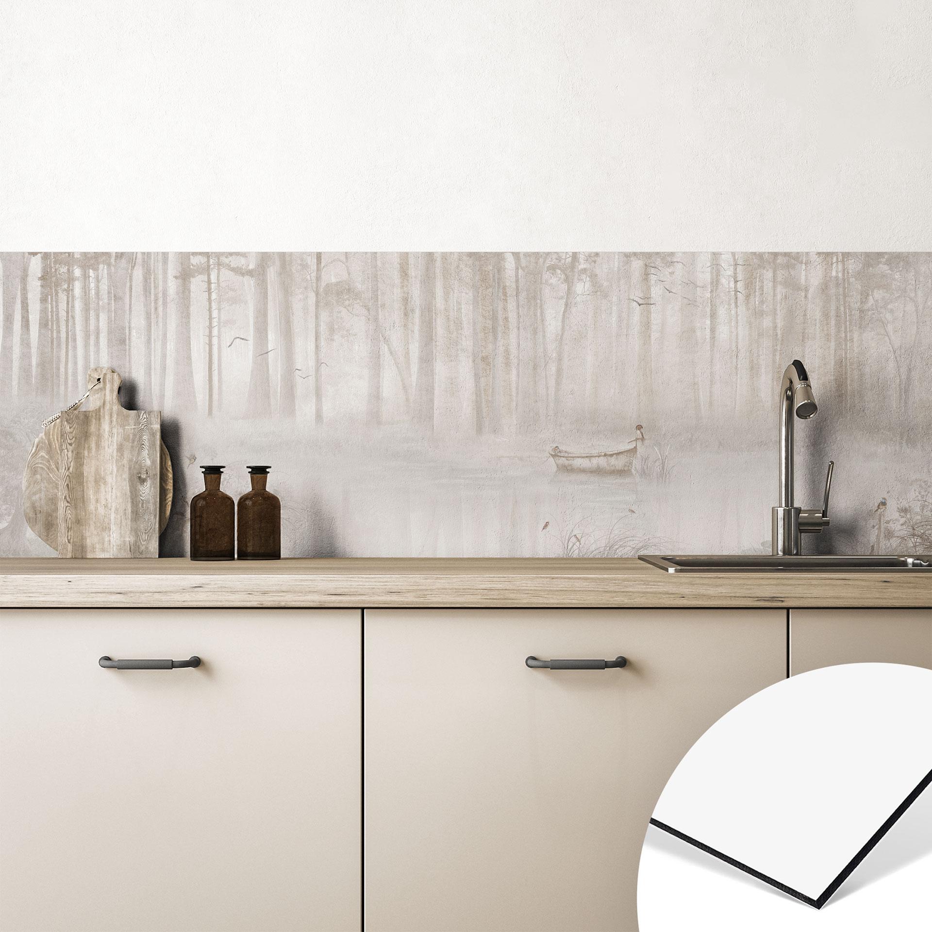 Keukenachterwand bos bij het meer in beige mist - Ms Tiff