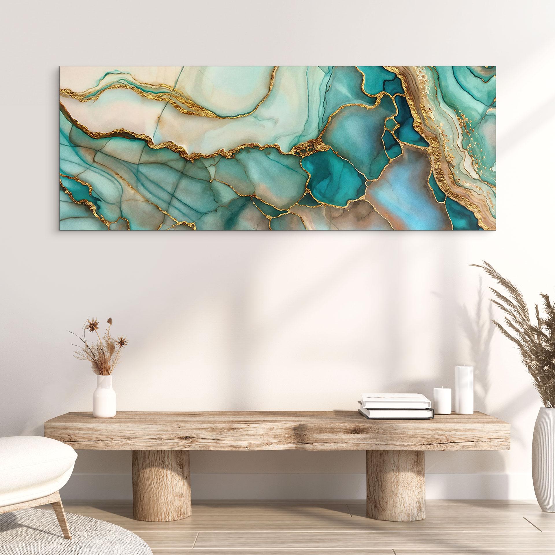 Wandbild Marmorierte Wellen in Türkis und Gold - Haase - Panorama - Alu-Dibond