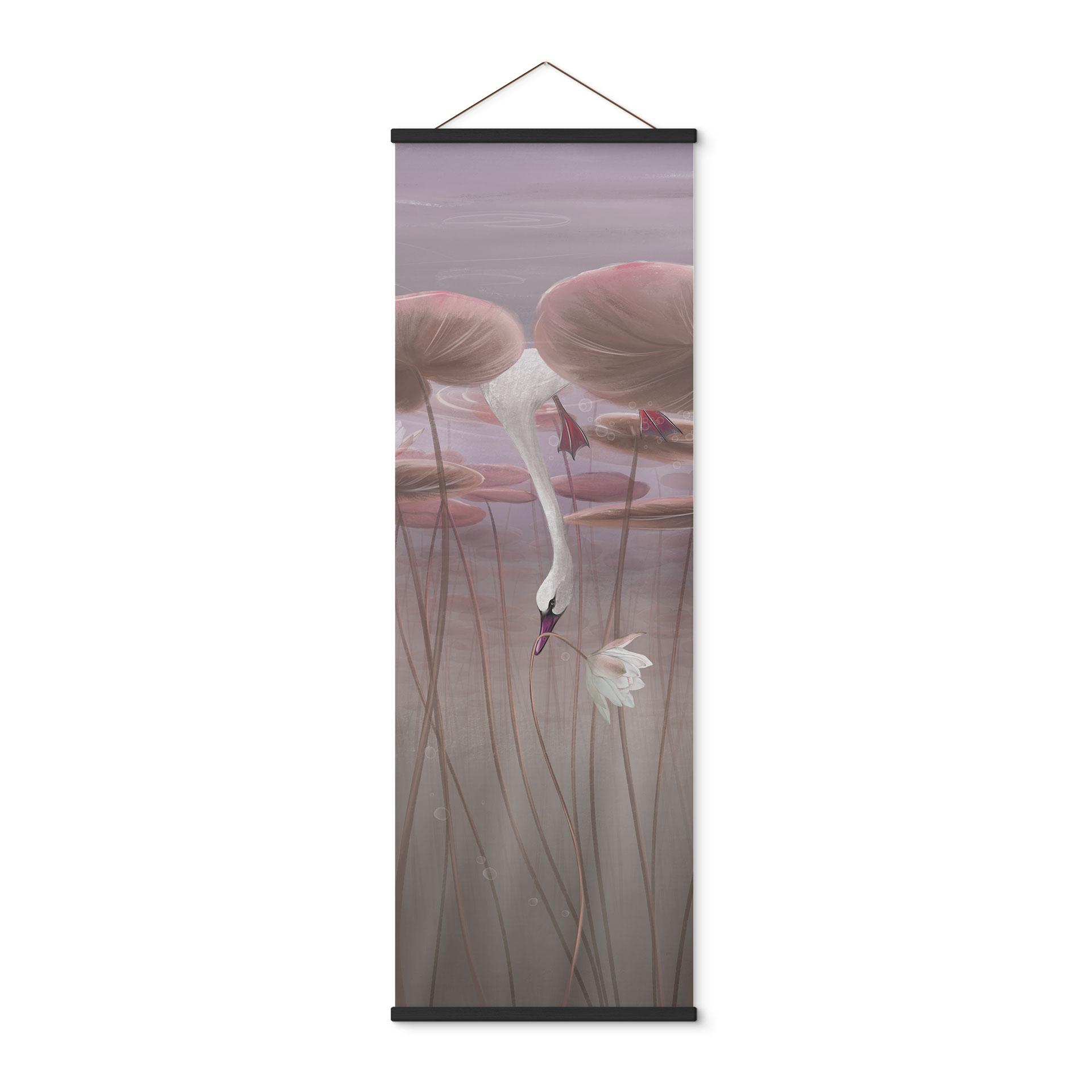 Textielposter lotusbloemen met zwaan in water in donkerroze - Ms Tiff - Panorama