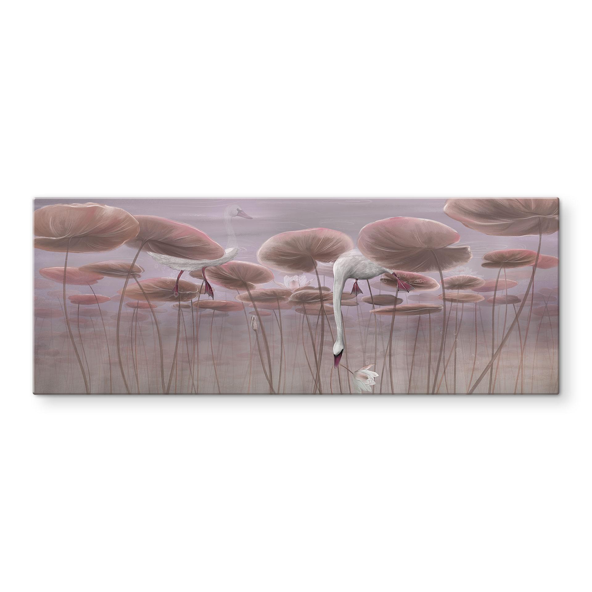 Glasbild Lotusblumen mit Schwan im Wasser in Altrosa - Ms Tiff - Panorama