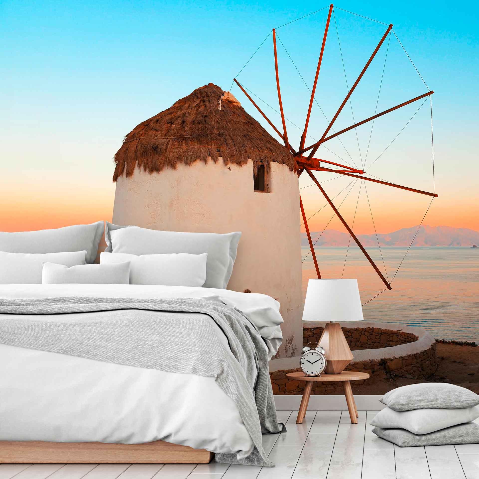 GreekWindmill landskabstapet i blåbrun - non-woven tapet Designwalls 2 - 2,55 x 3,5 m