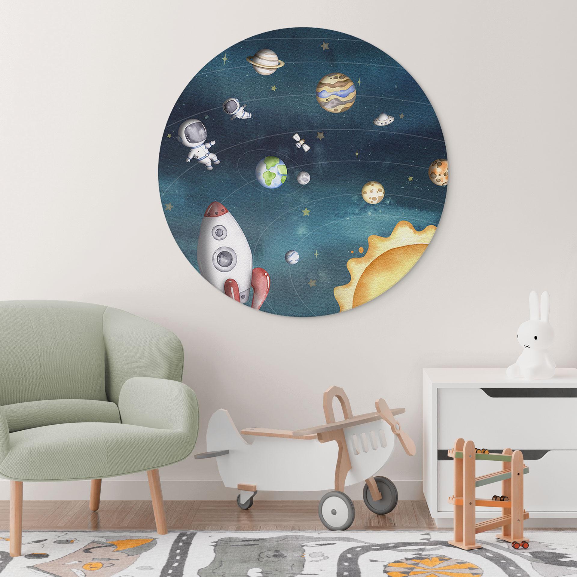 Vægcirkel Rumeventyr med astronauter - Oliver Robins – print på aluminium (Alu-Dibond)