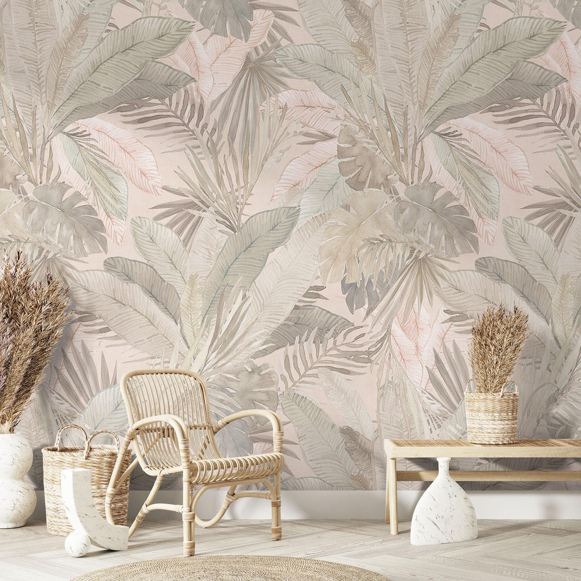 Tropiske blade i junglens pasteltapet - Bloomery Decor