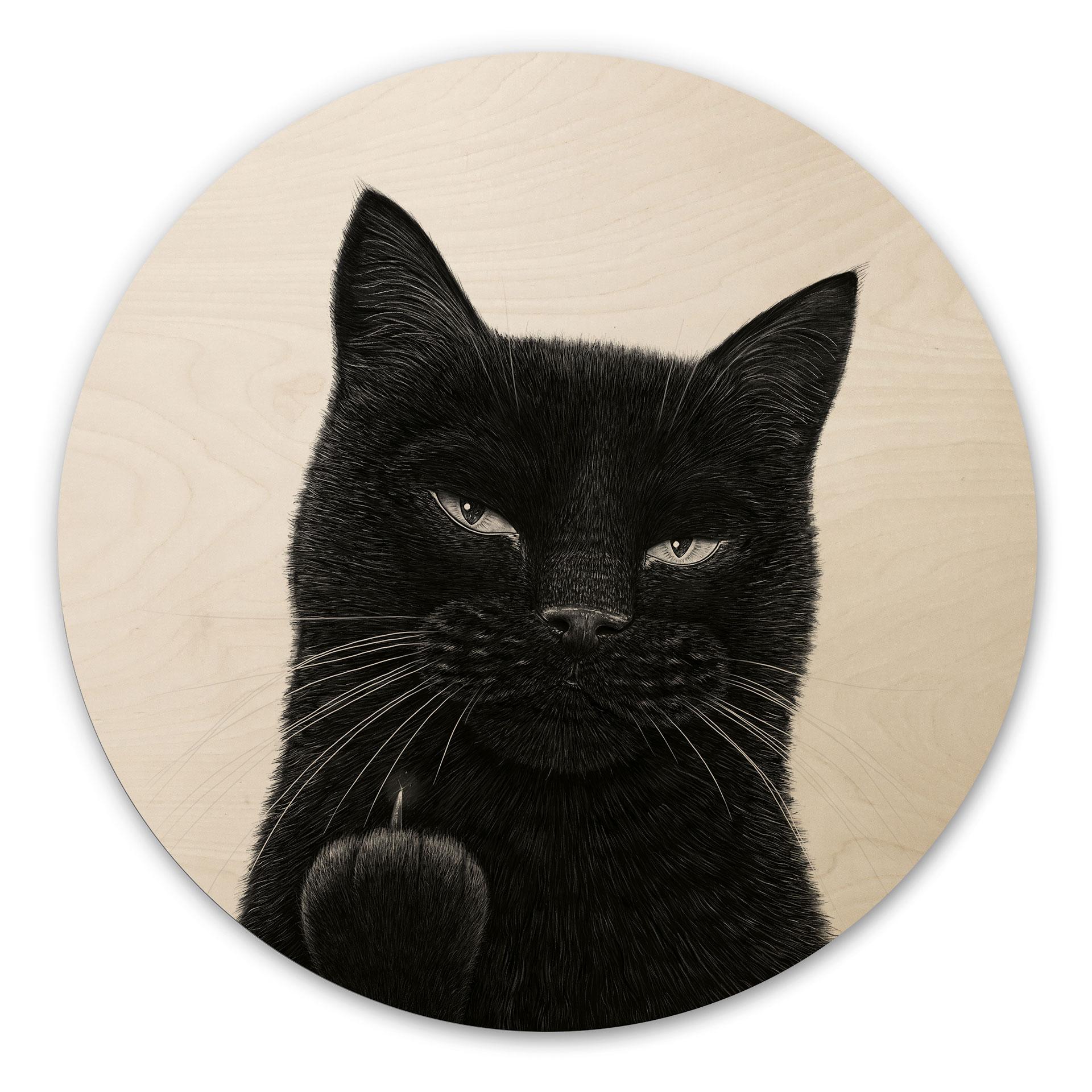 Tableau sur bois Chat noir effronté - Korenkova - Rond