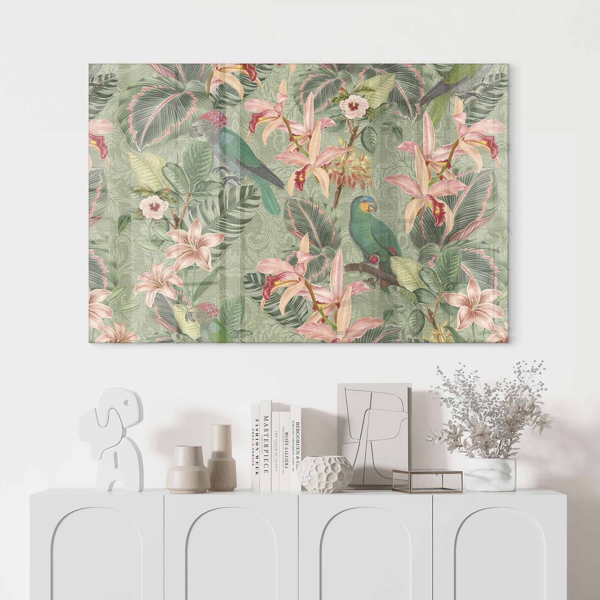 Akrylbillede jungle med papegøjer grøn - Bloomery Decor