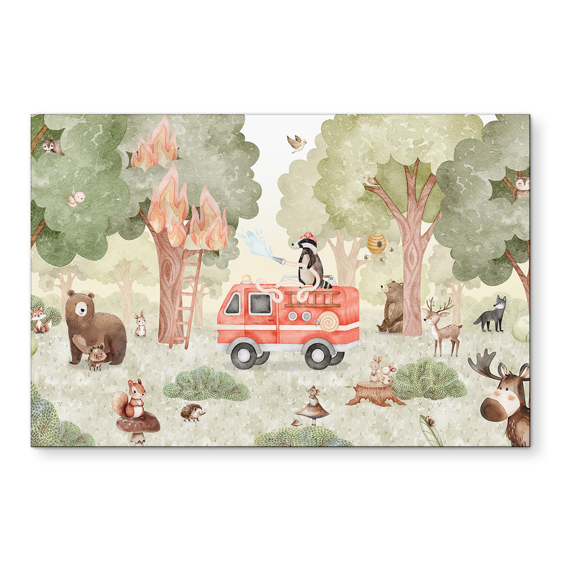 Wanddecoratie Dieren Brandweer in het Bos - Oliver Robins - Alu-Dibond