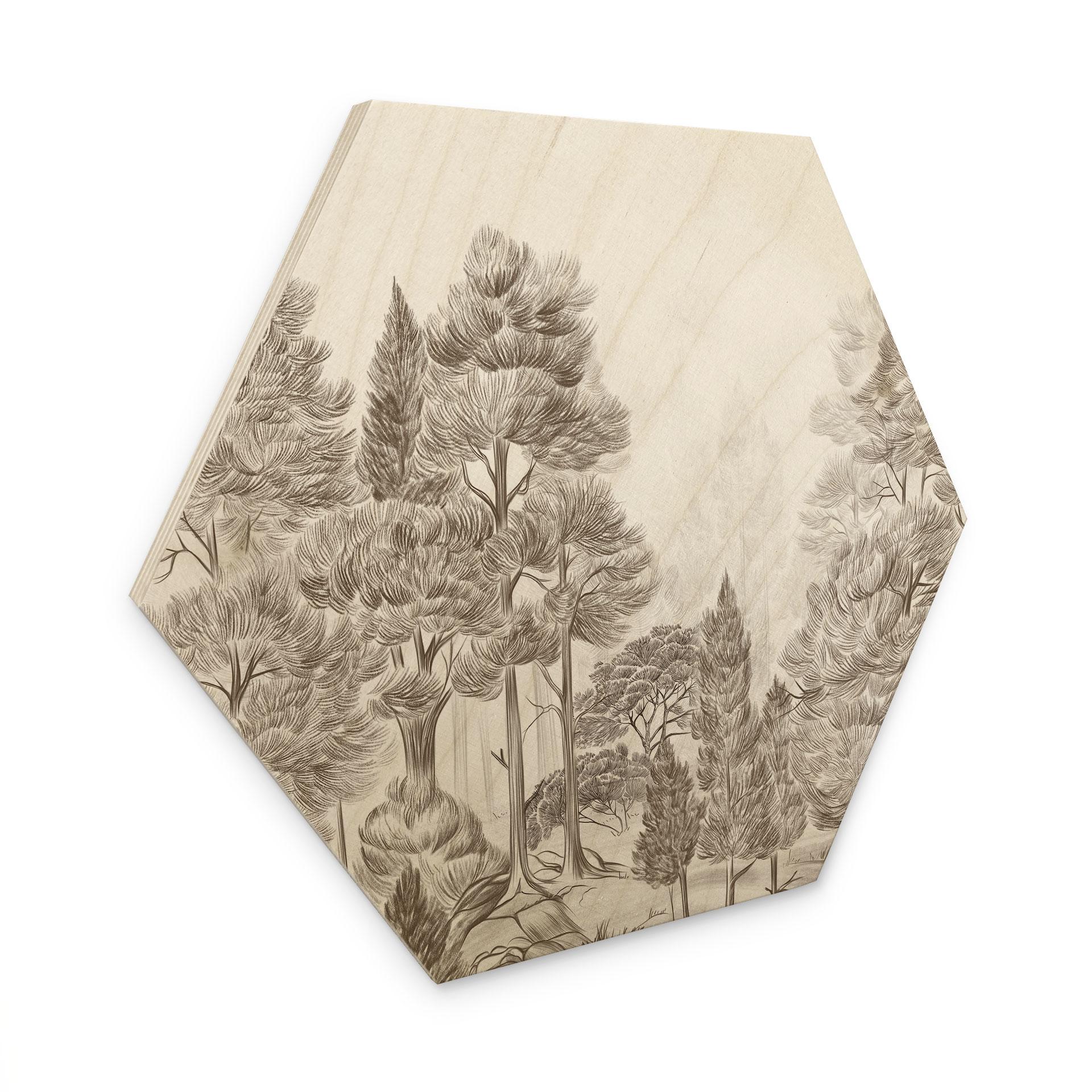 Houten Wanddecoratie zeshoek met boslandschap in beige - Ms Tiff