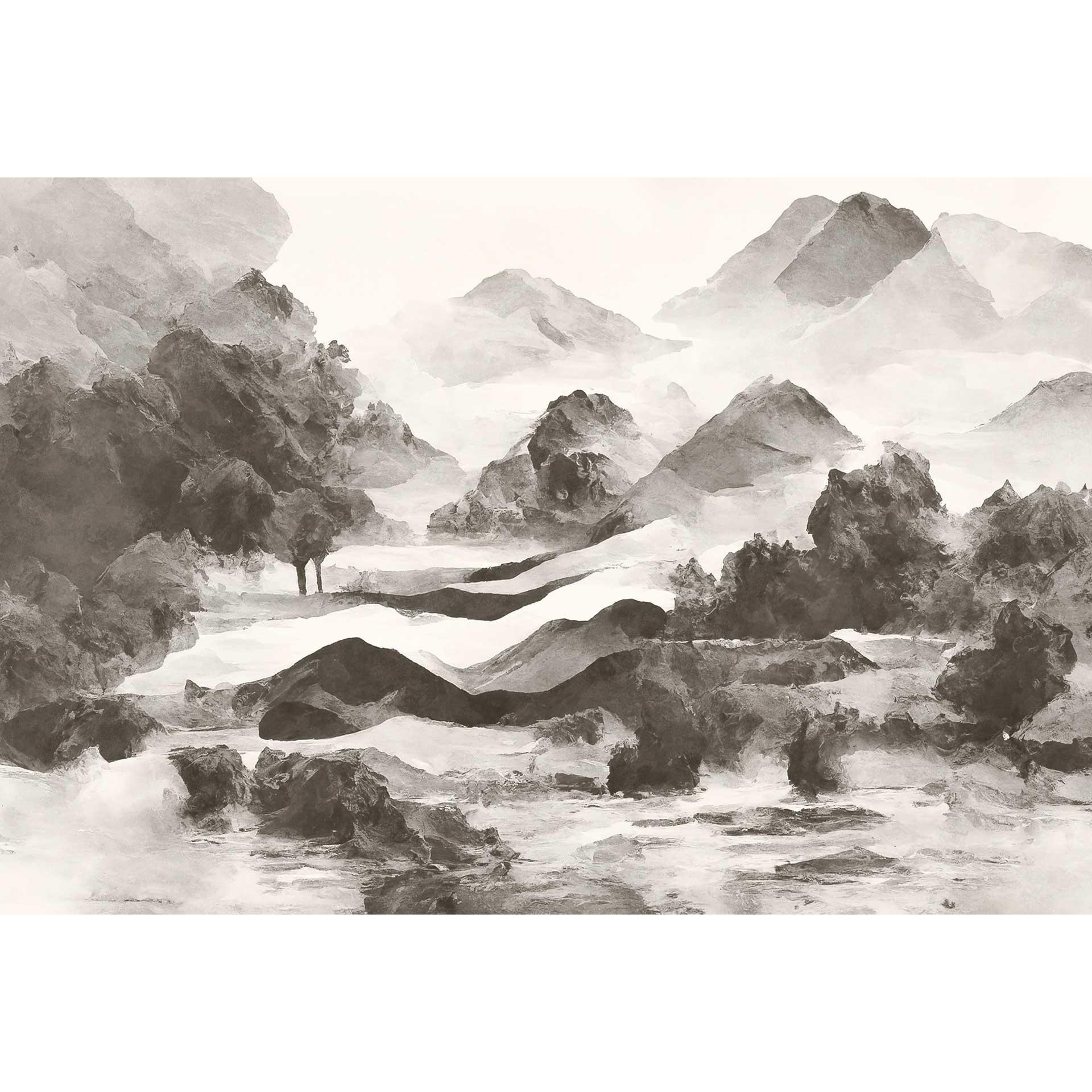 monochroom berglandschap behang - artistieke aquarel look