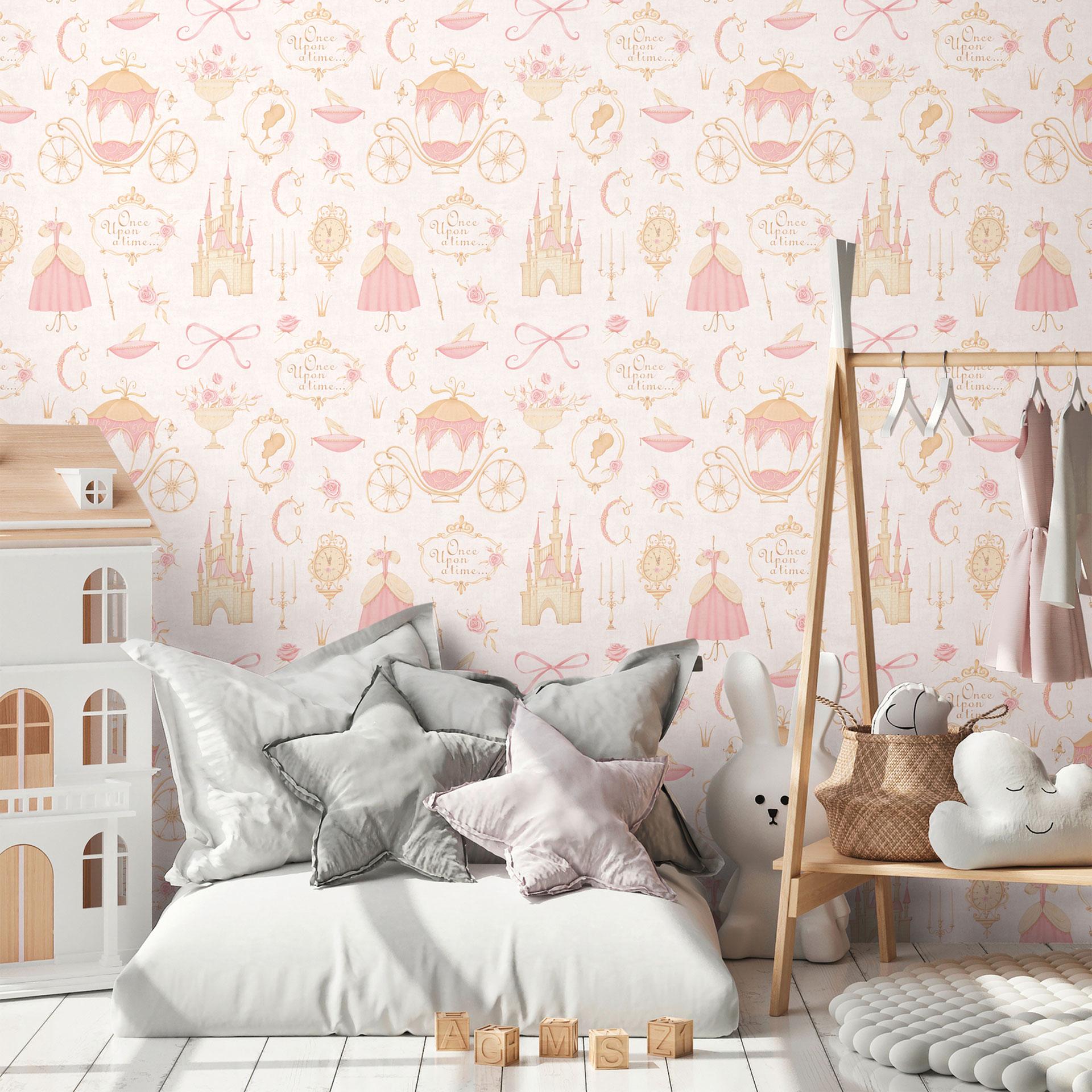 Prinsessetapet rosa beige - børnetapet med slot og vogn