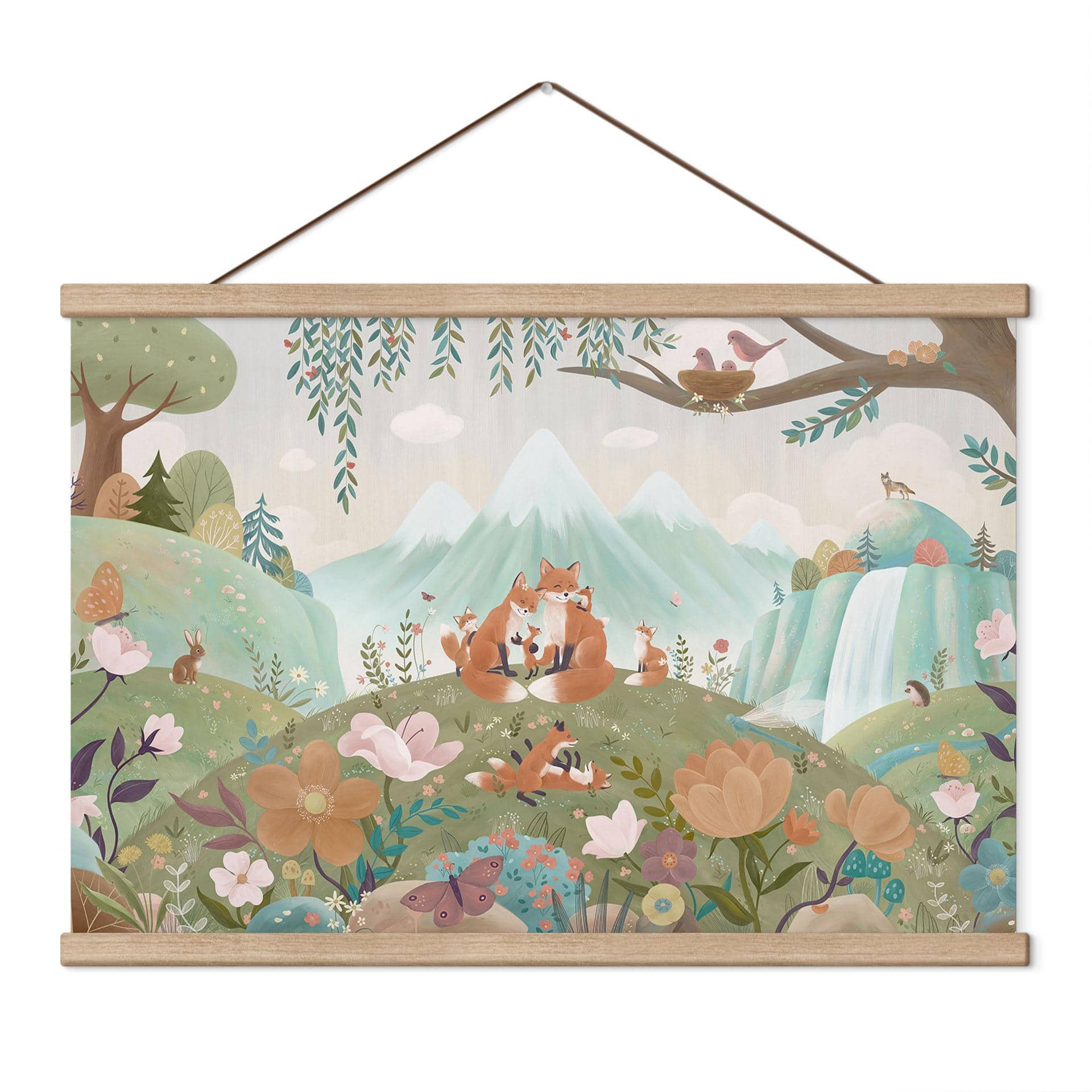Kinderkamer Textielposter Vossenfamilie op de bloemenweide - Oliver Robins