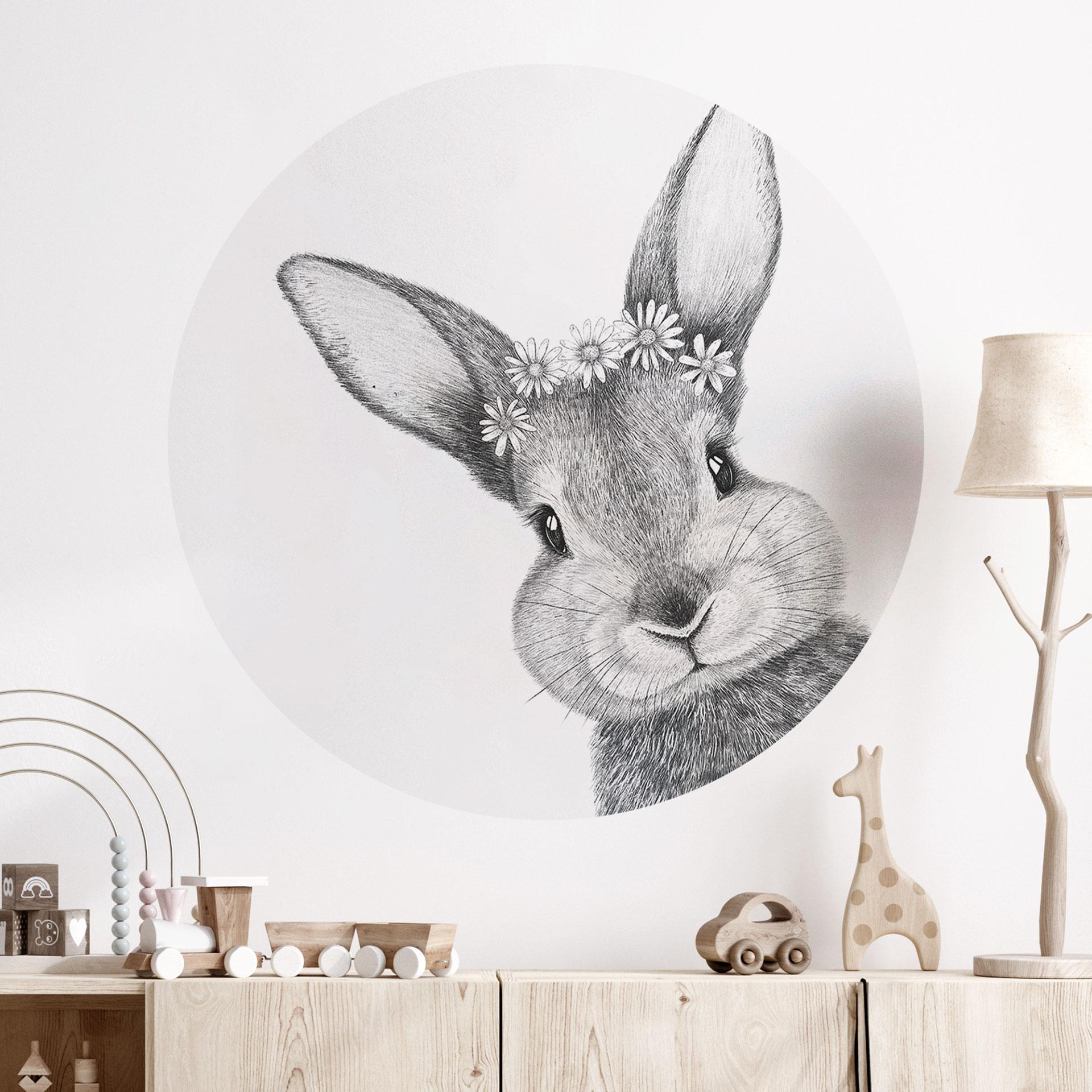 Wallsticker Sød kanin med kamilleblomster - Korenkova - Rund