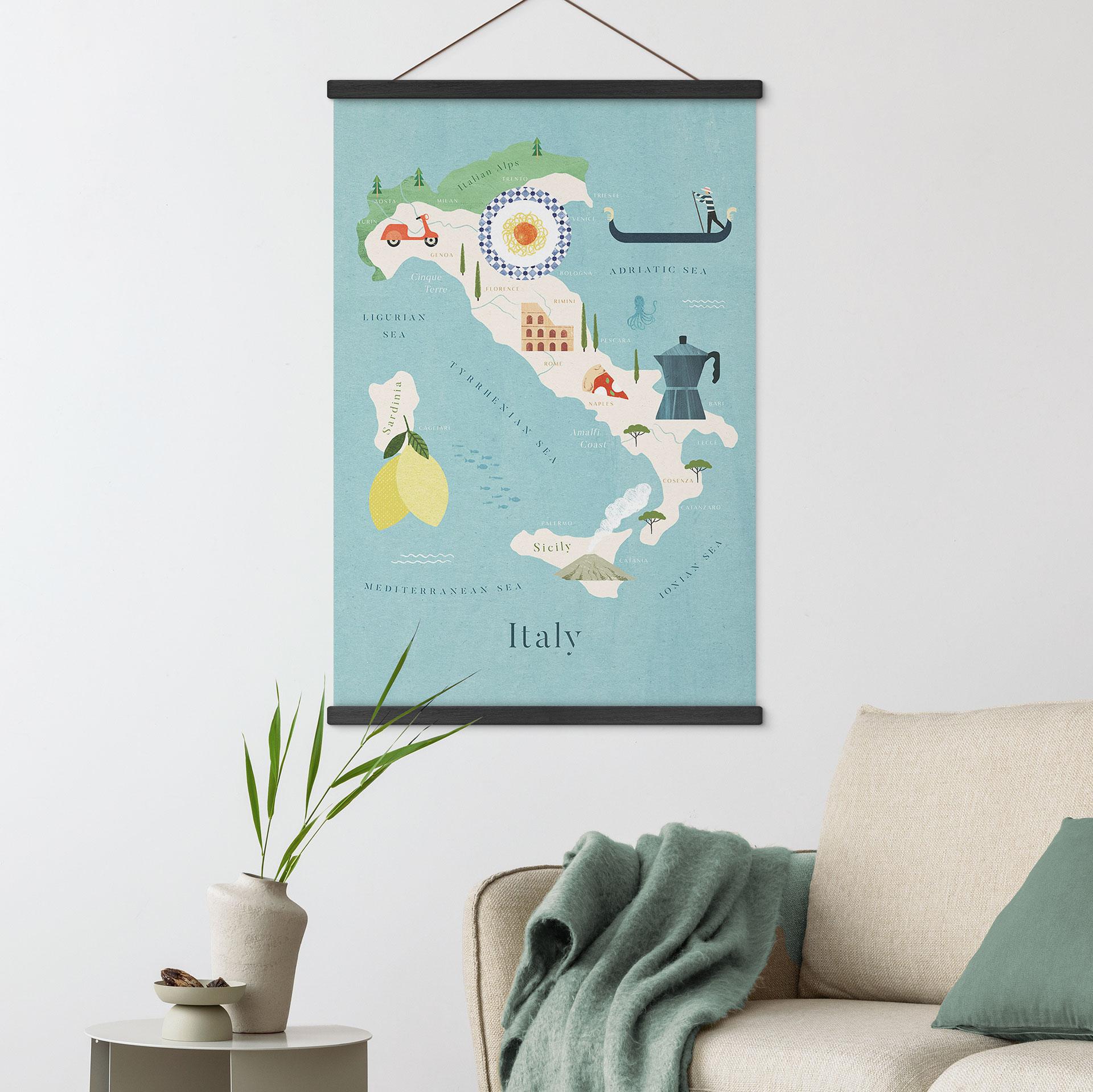 Tekstil plakat Kort over Italien - Rivers