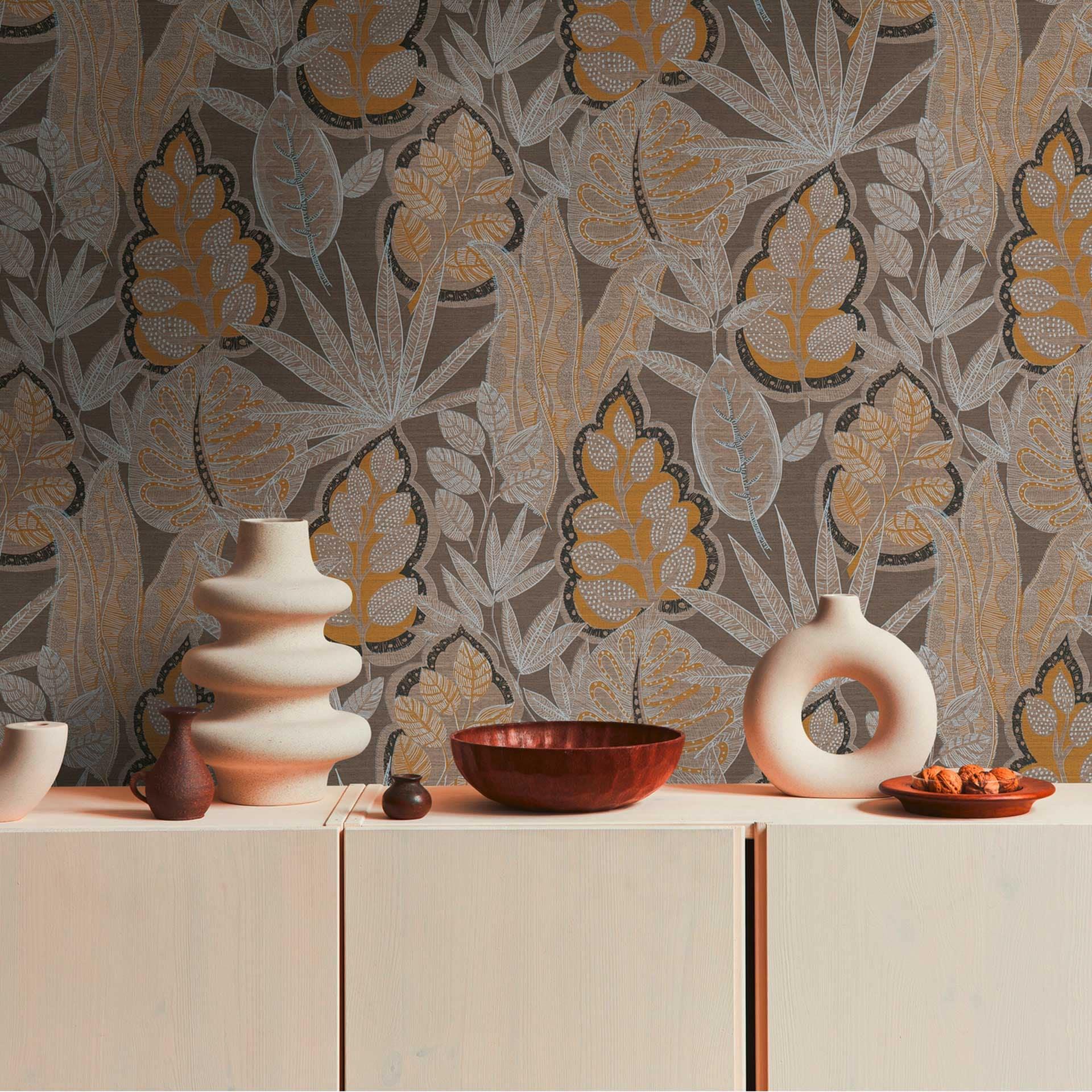 non-woven tapet i grafisk design gul grå - blomstret tapet med blade