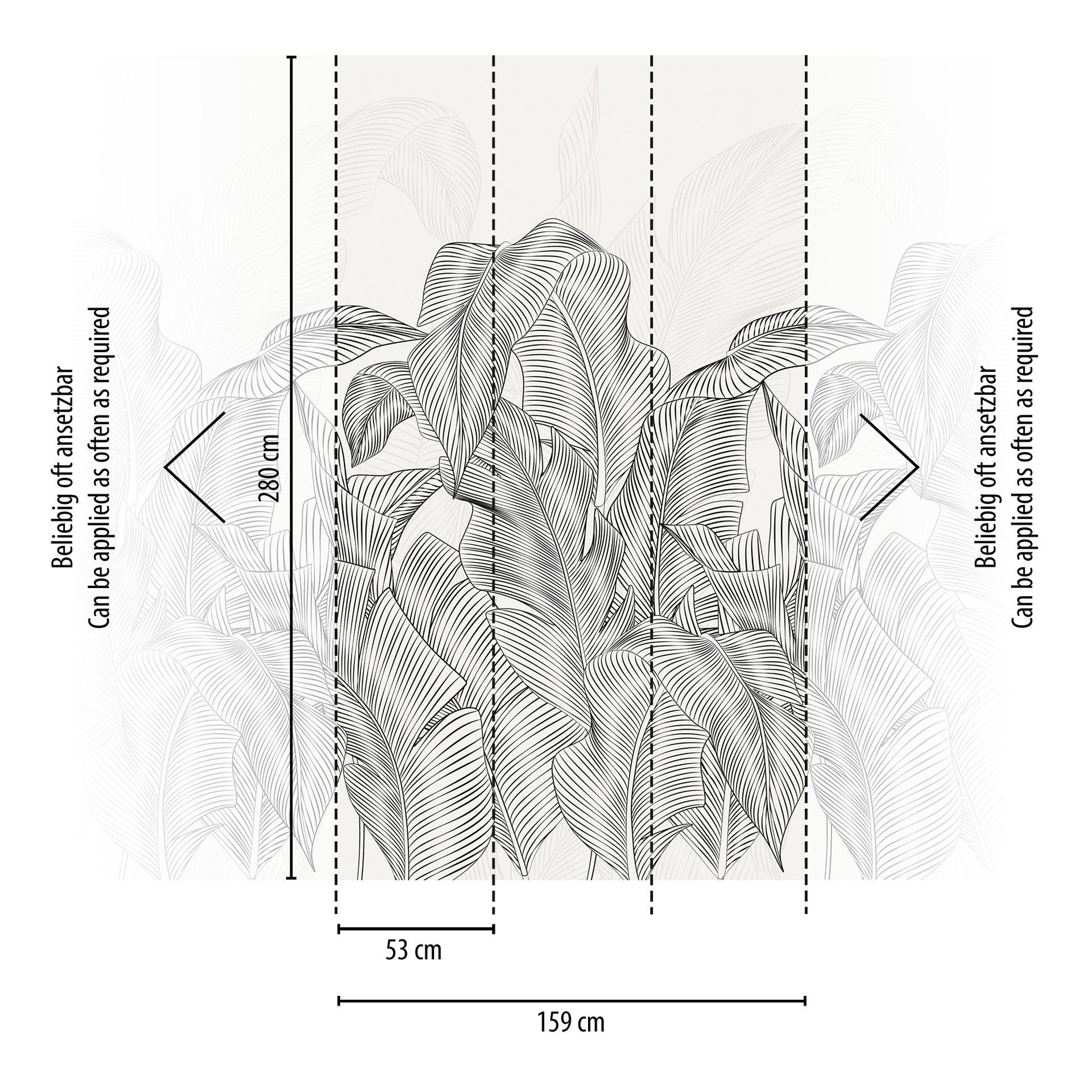 Vliesbehang jungle bladeren grijs zwart mat uittrekbaar 1,59 x 2,80 m Vliesbehang