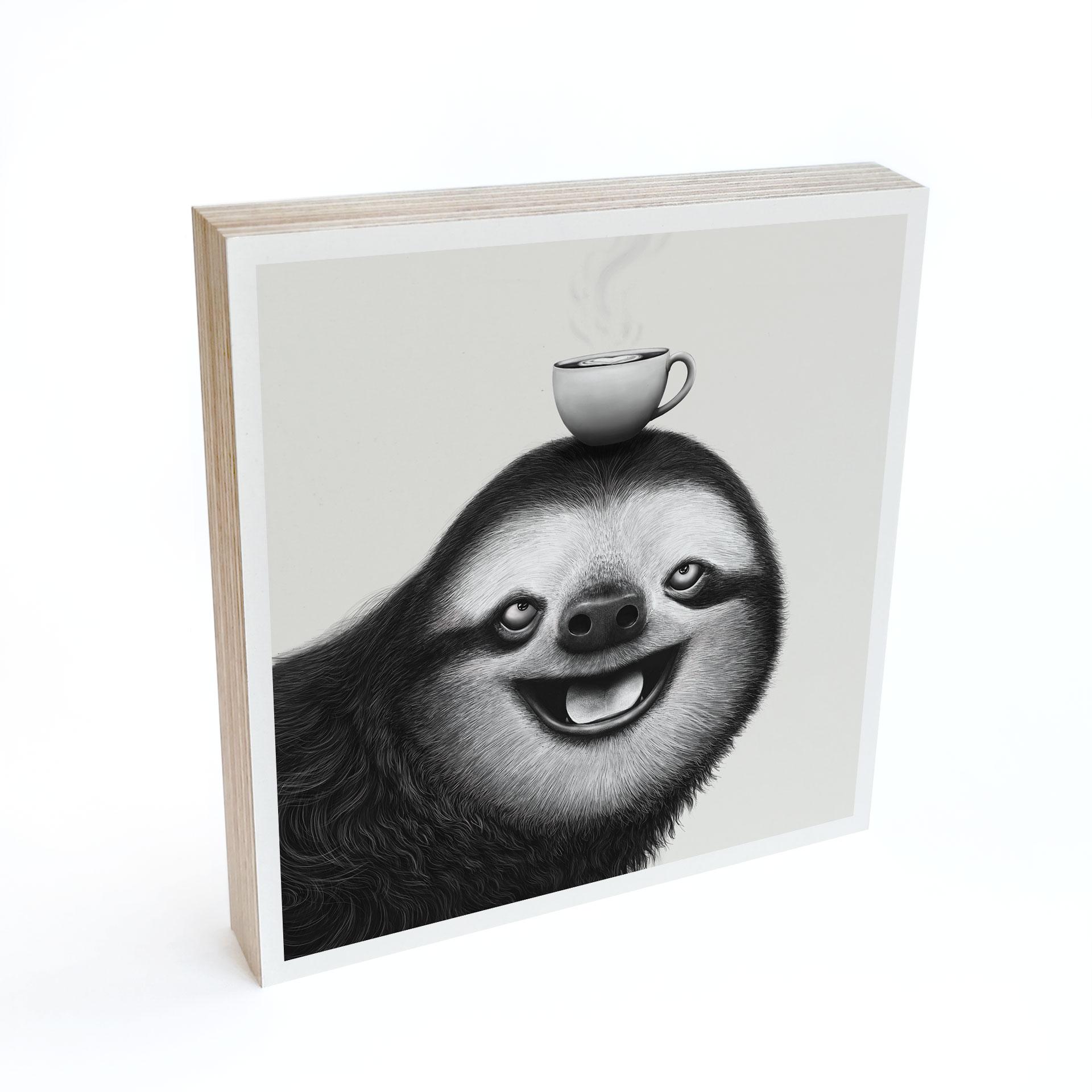Tableau sur bois à poser - Paresseux joyeux avec café - Korenkova - 15x15 cm