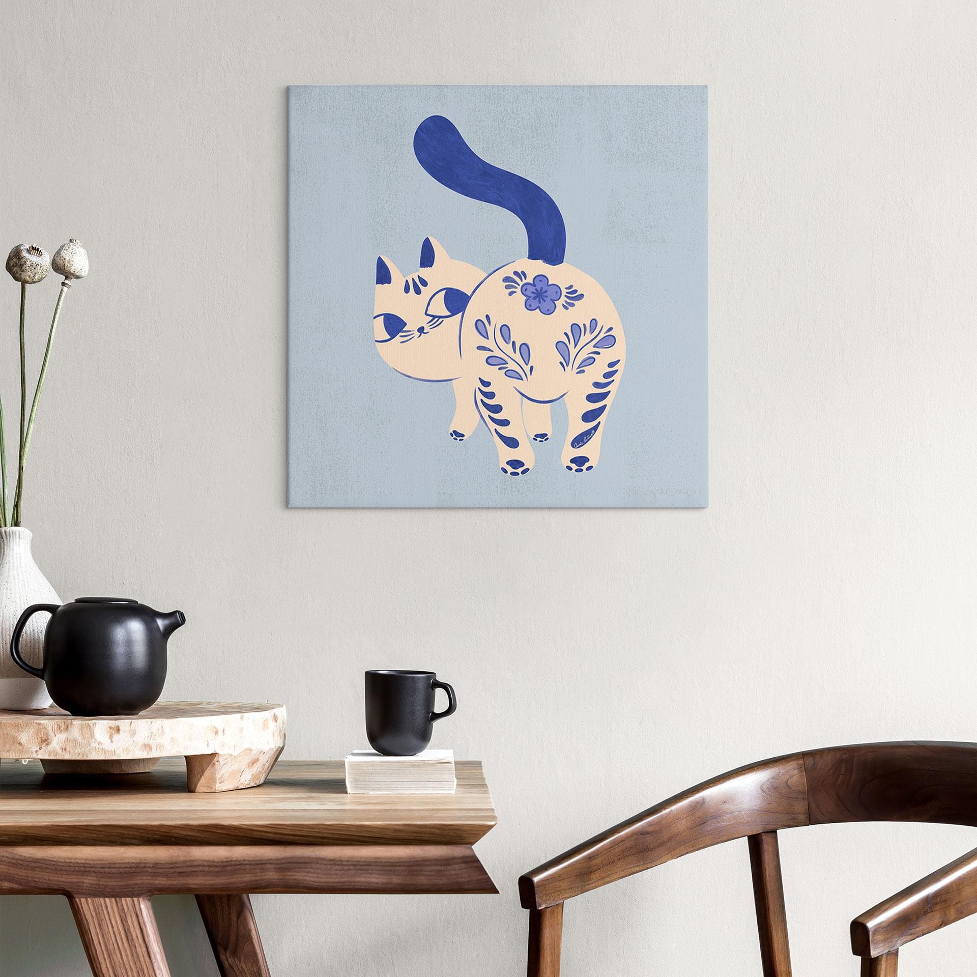 Tableau sur toile Chat en Porcelaine Bleu de Delft - Cantwell - Carré
