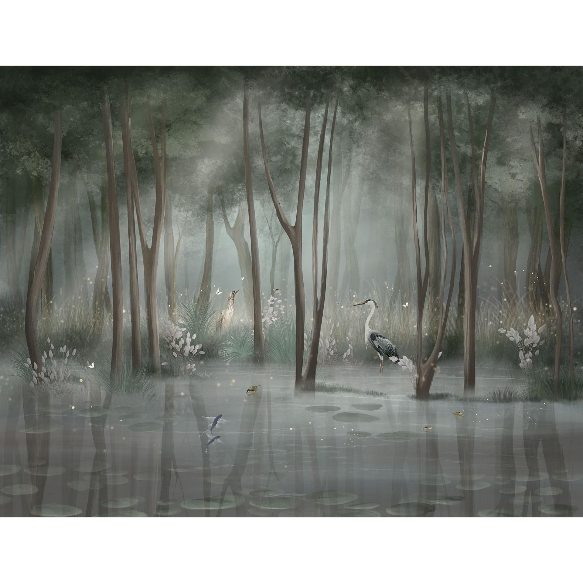 Fototapete Nebelwald am See mit Reiher in Grün - Ms Tiff