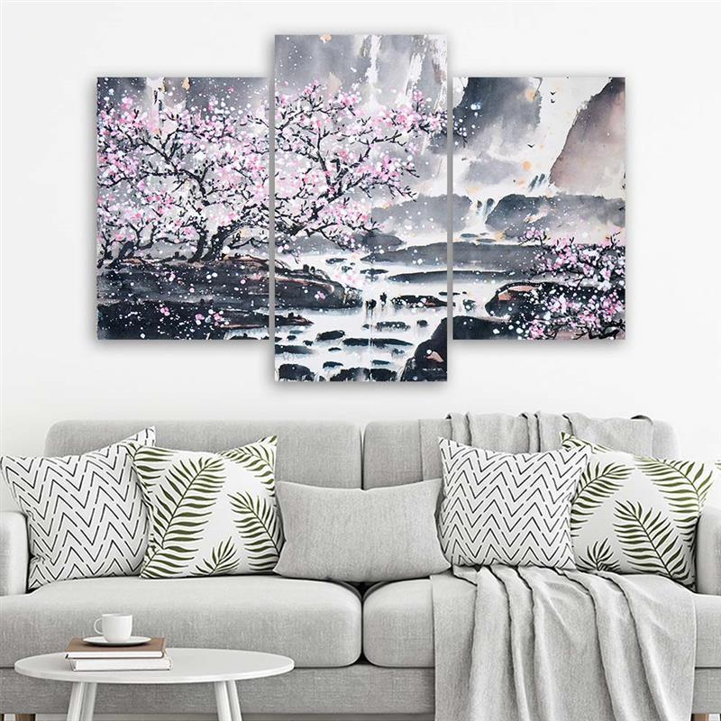 3-delige canvas print, Japanse kersenbloesem roze natuur