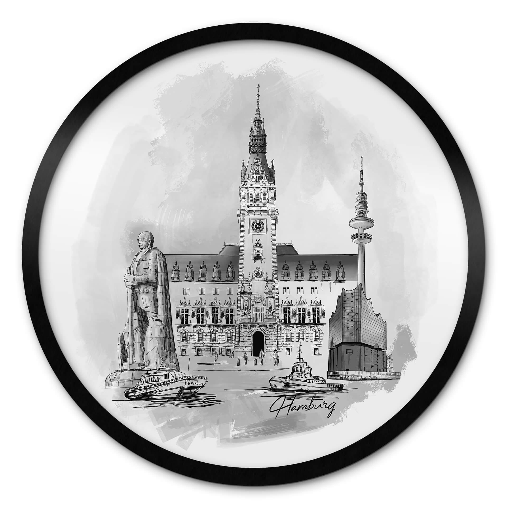 Poster Love your City - Hamburg Schwarz-Weiß - Rund