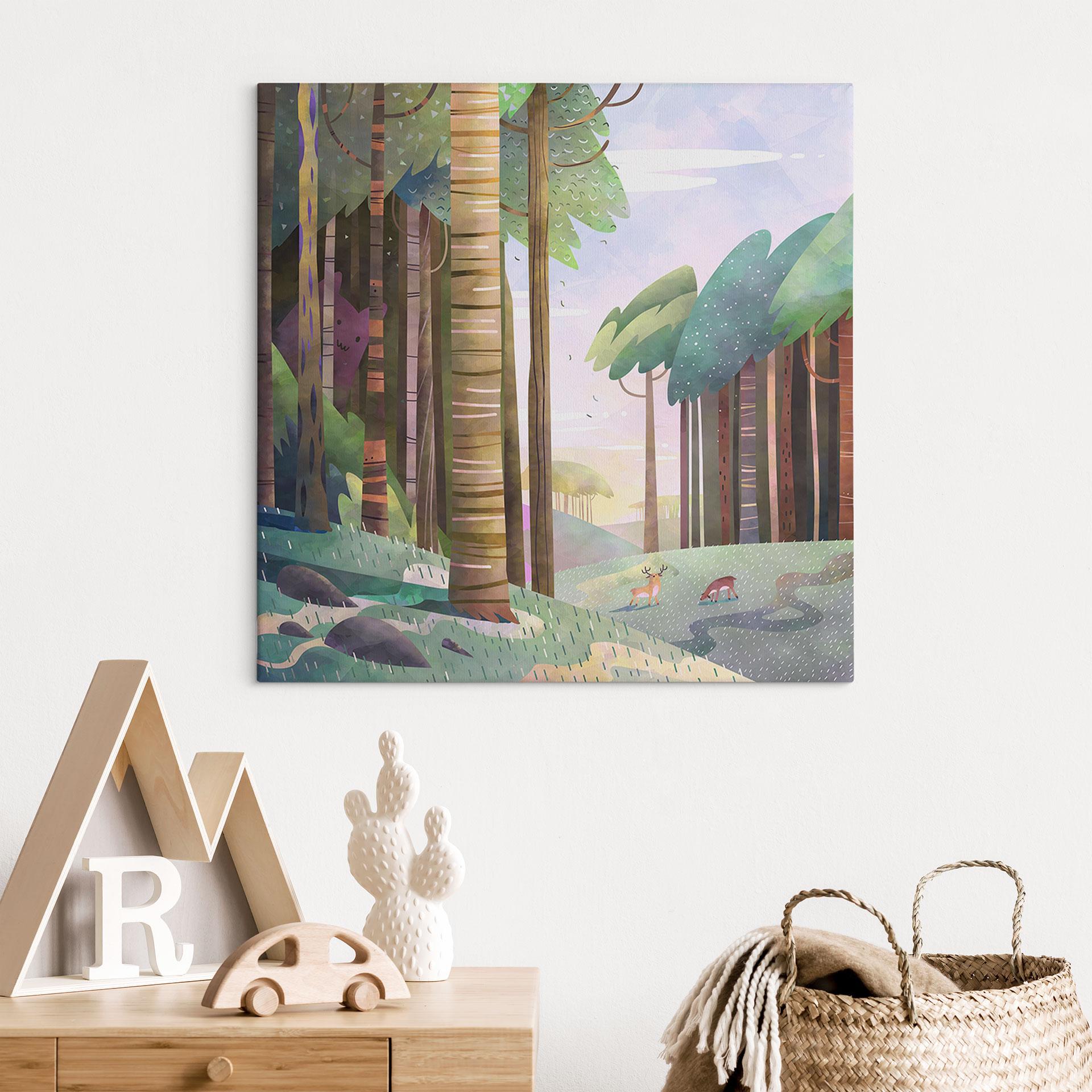 Canvasbillede Solrig skov med hjorte - DigitalArtsi