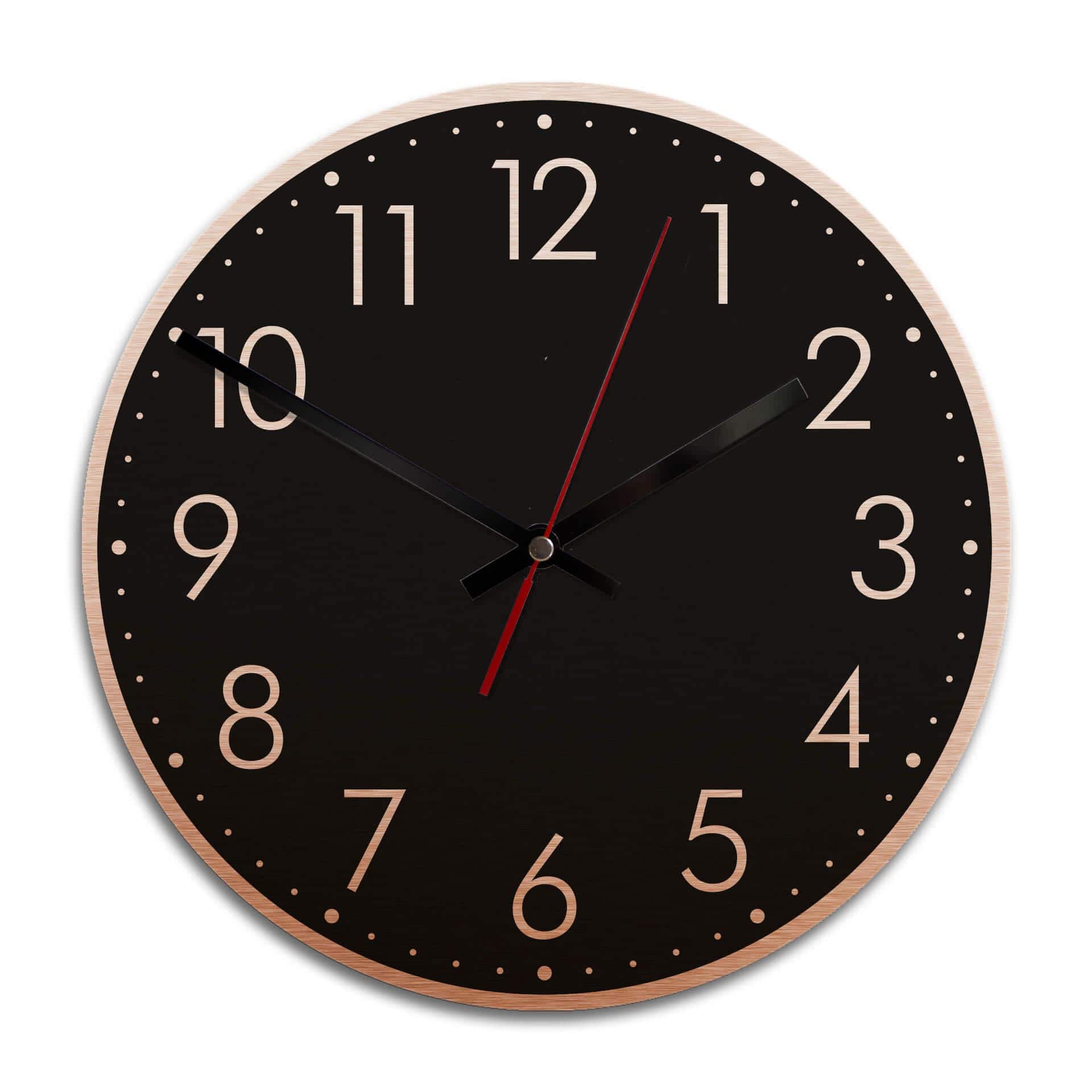 Wanduhr Alu Dibond Kupfereffekt - Modern mit Minutenanzeige - negativ - Ø 28 cm