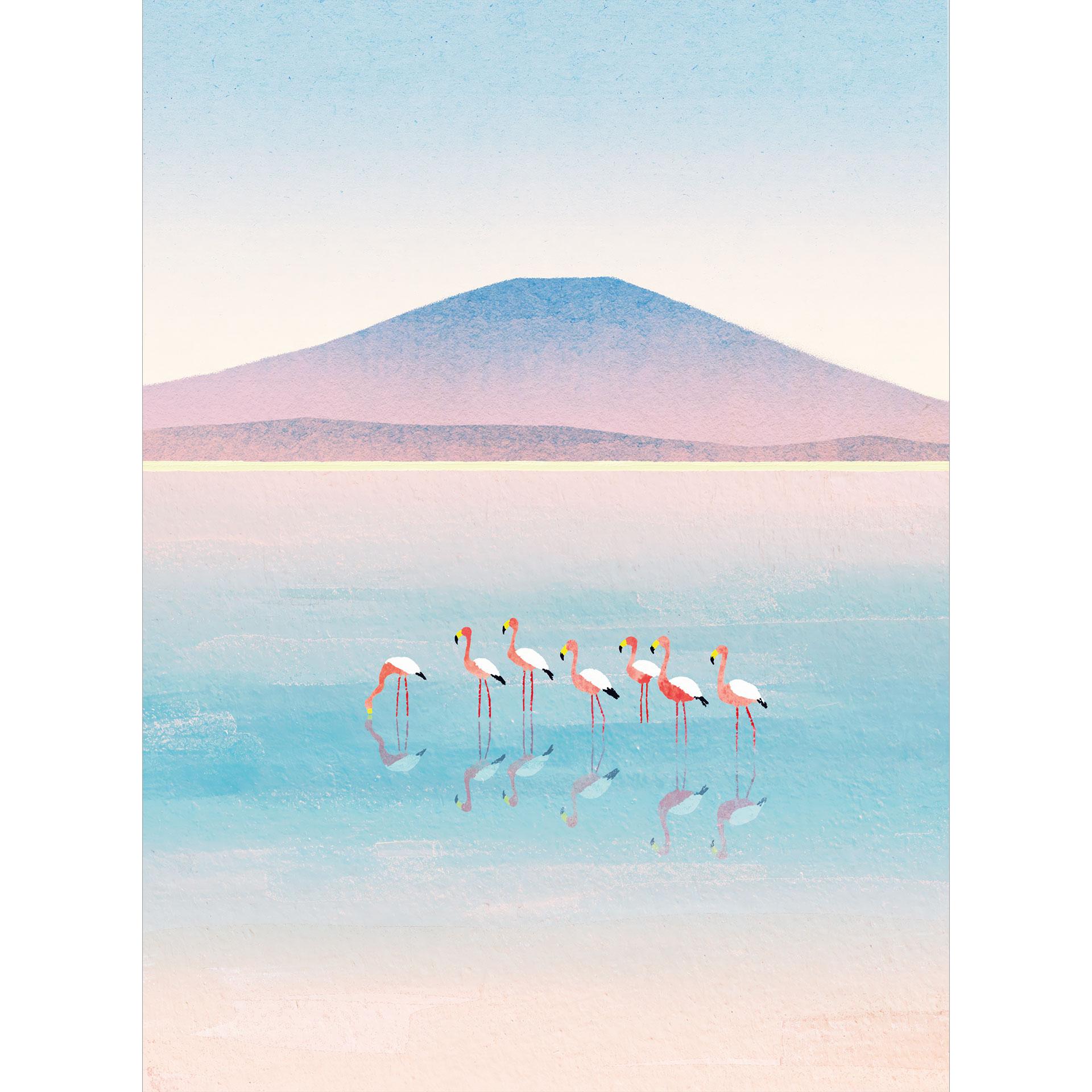 Fotobehang Pastelkleurig meer met flamingo's - Rivers