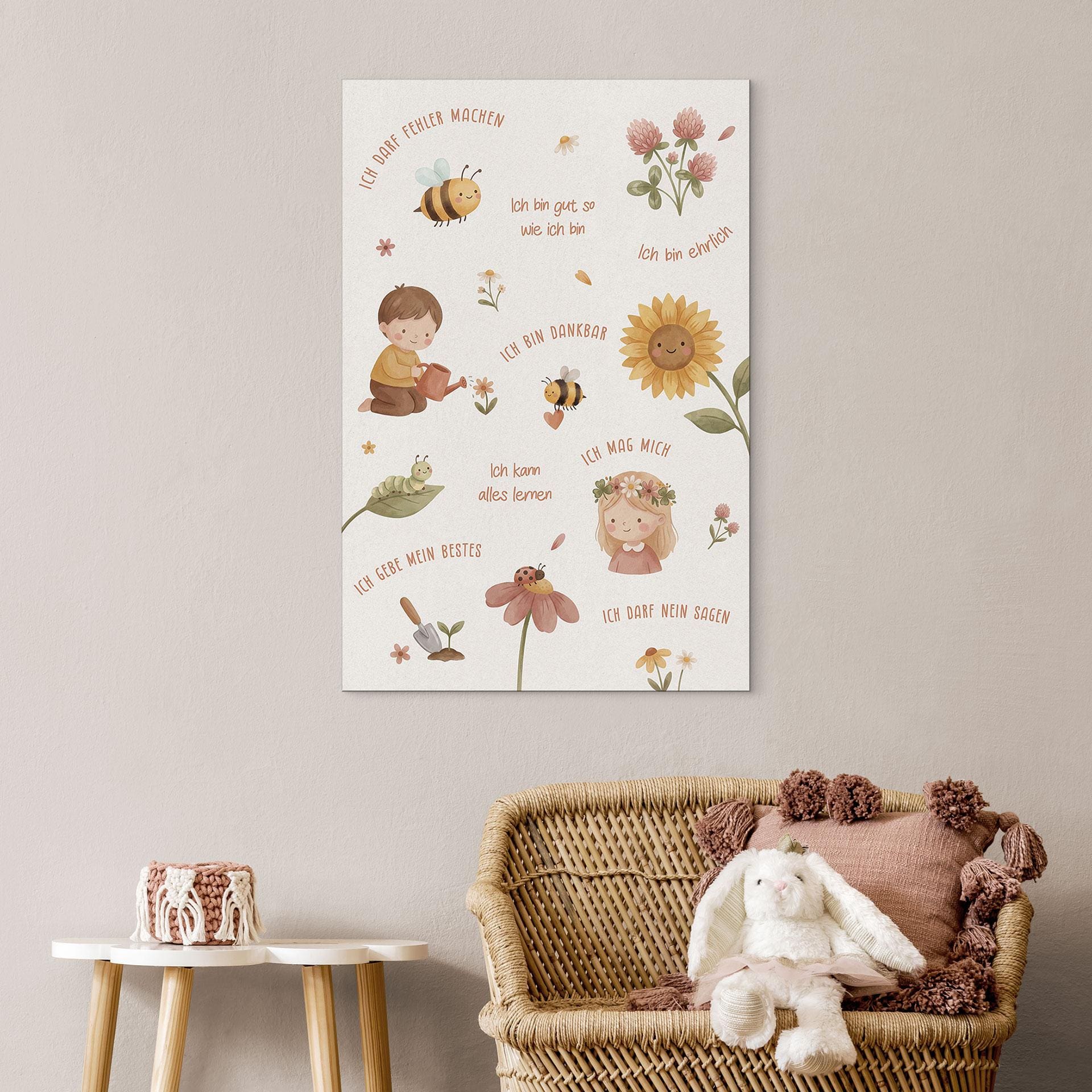 Alu-Dibond Wandbild - Affirmationen Blumen mit Biene und Sonnenblume fürs Kinderzimmer
