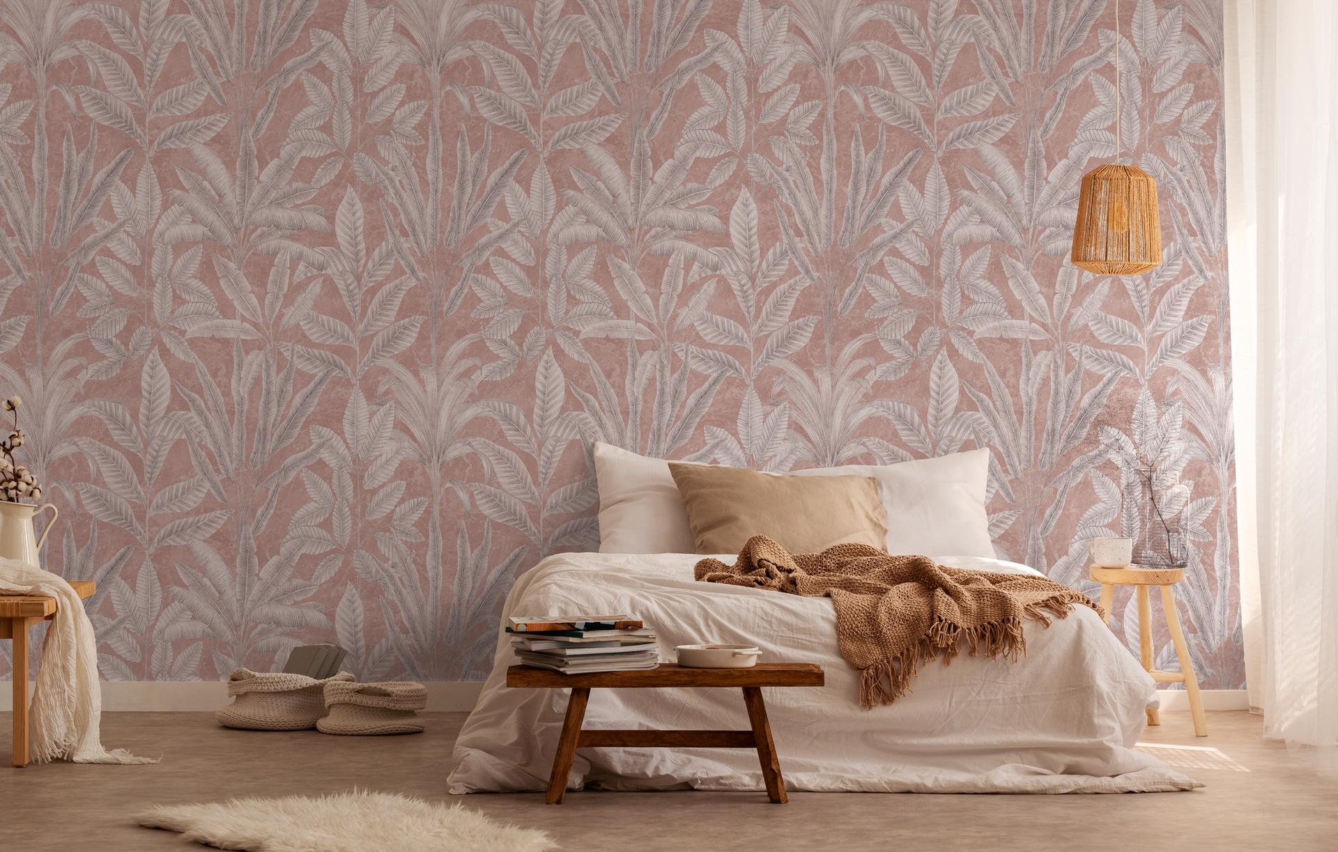 jungletapet rosa grå - non-woven tapet botanisk Livingwalls - mat og glat