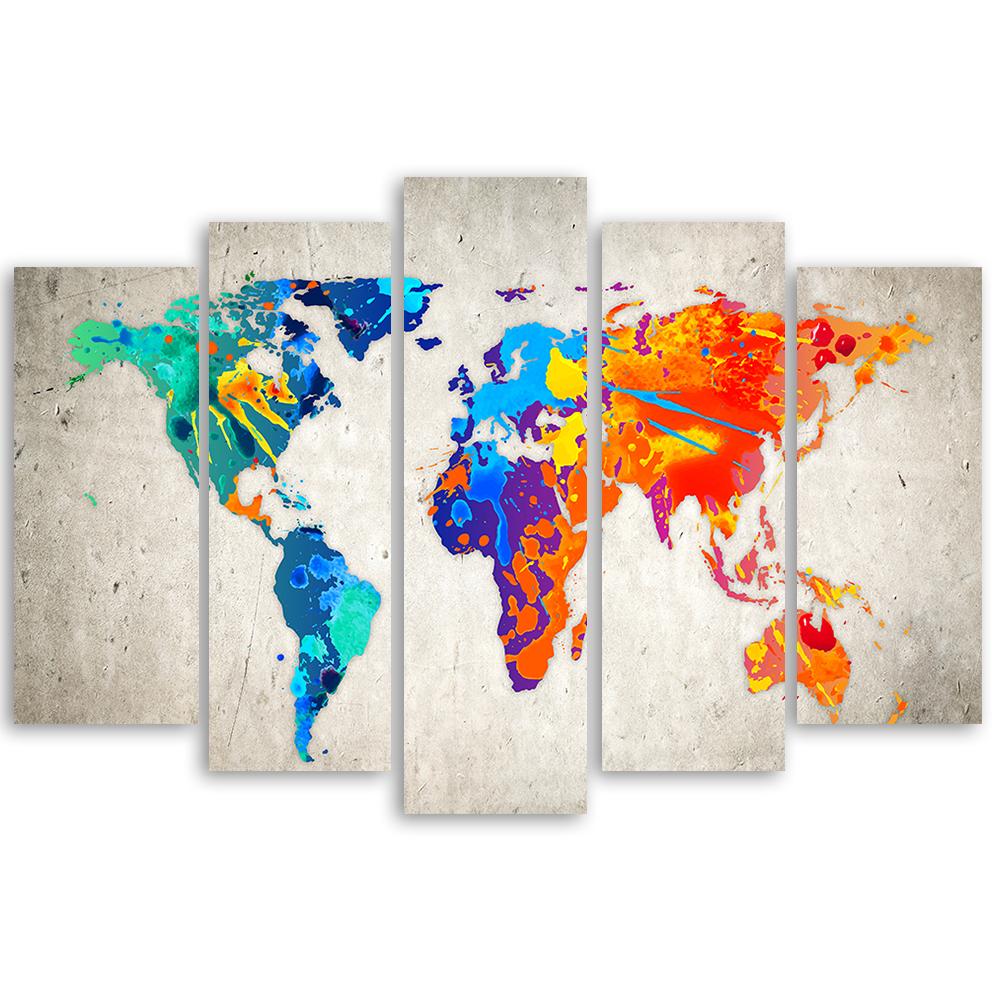 5-delige canvasprint, wereldkaart veelkleurig