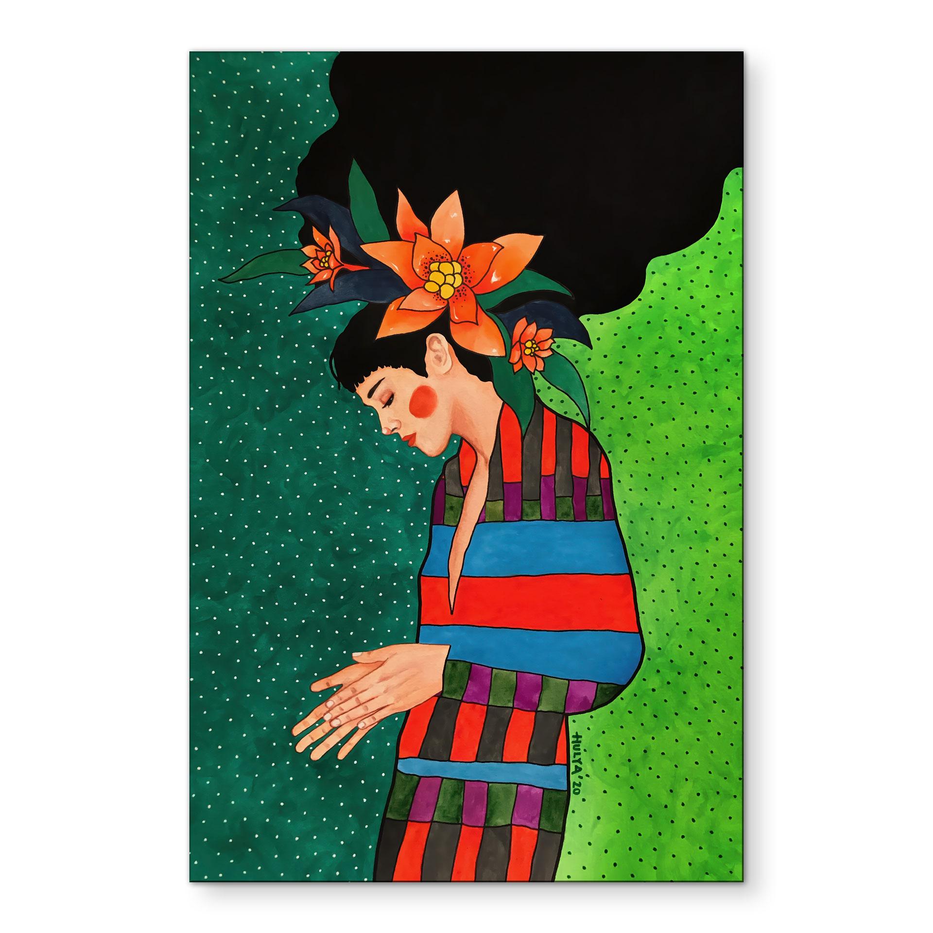 Fototapet Kvinde i stribet kjole med orange blomster - Hülya – print på aluminium (Alu-Dibond)