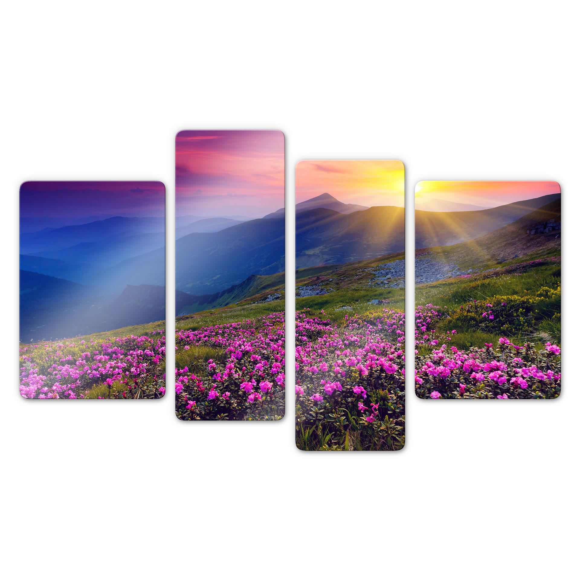 Tableau en verre - Coucher de soleil à la montagne (4 parties)