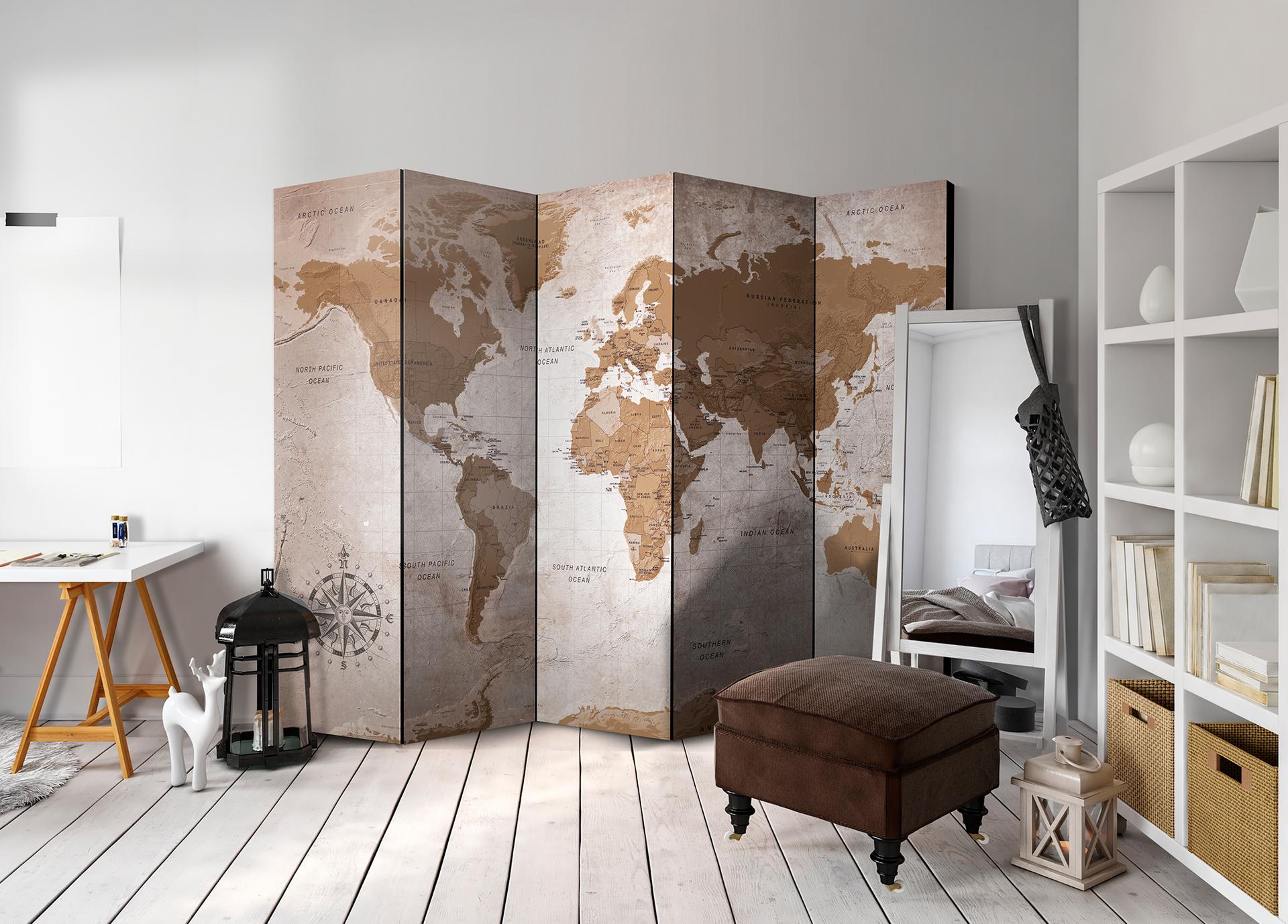 Divisorio per sala - Mappamondo - Viaggi orientali, 5 pezzi - 225x172 cm