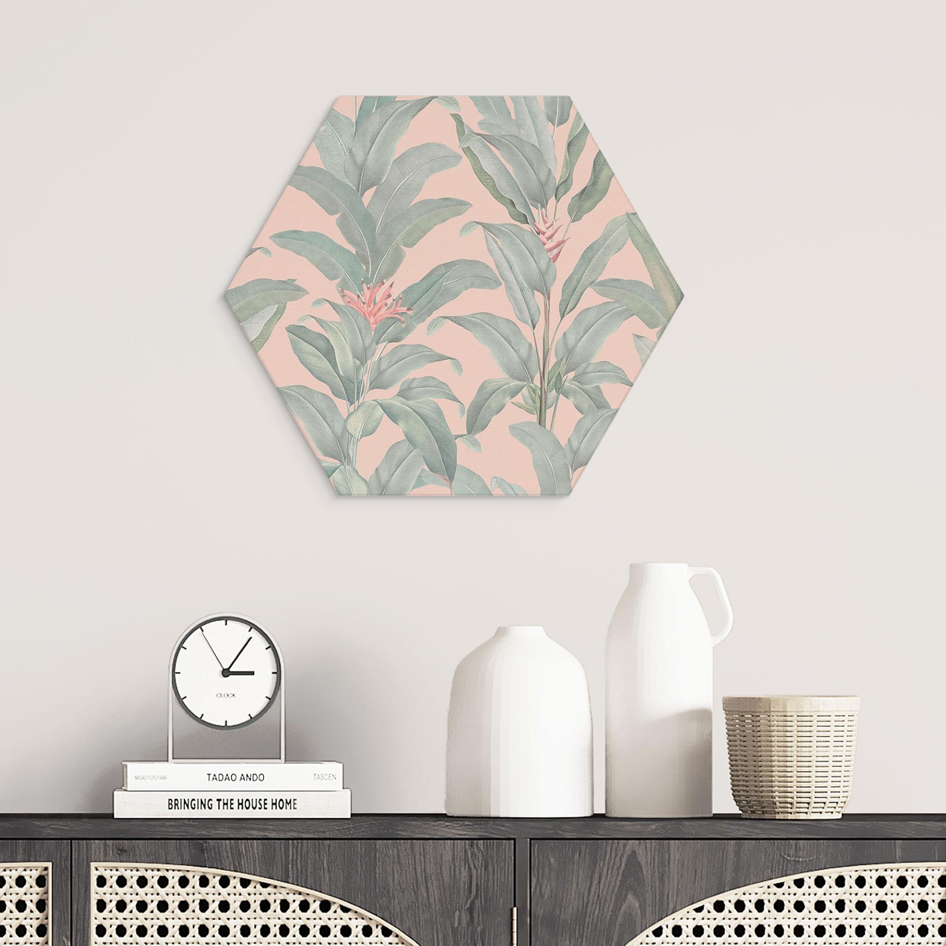Sekskantet Billede Urban Jungle Tropical Leaves Pink - Bloomery Decor - Aluminium Dibond