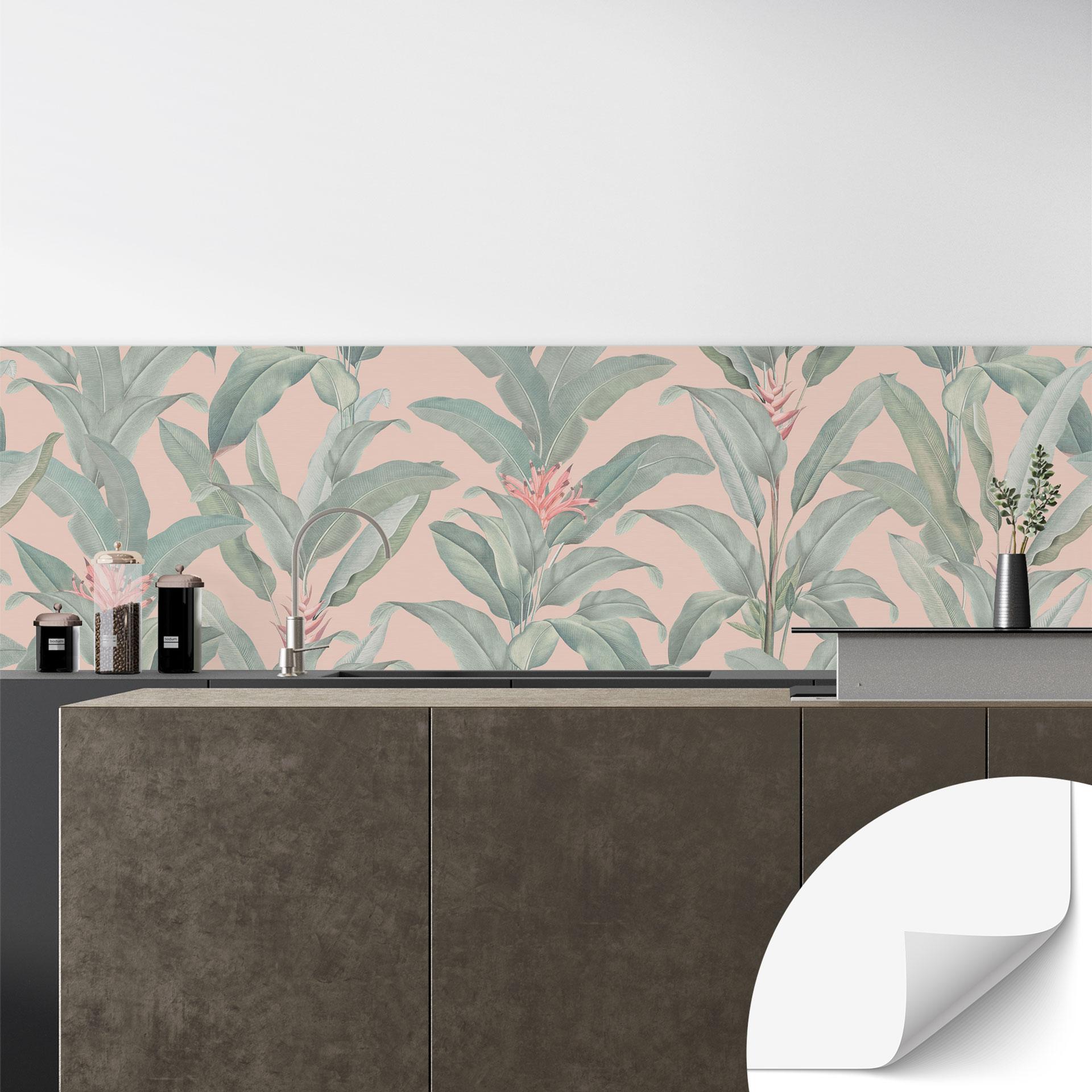 Selbstklebende Küchenrückwand Urban Jungle Tropenblätter Rosa - Bloomery Decor