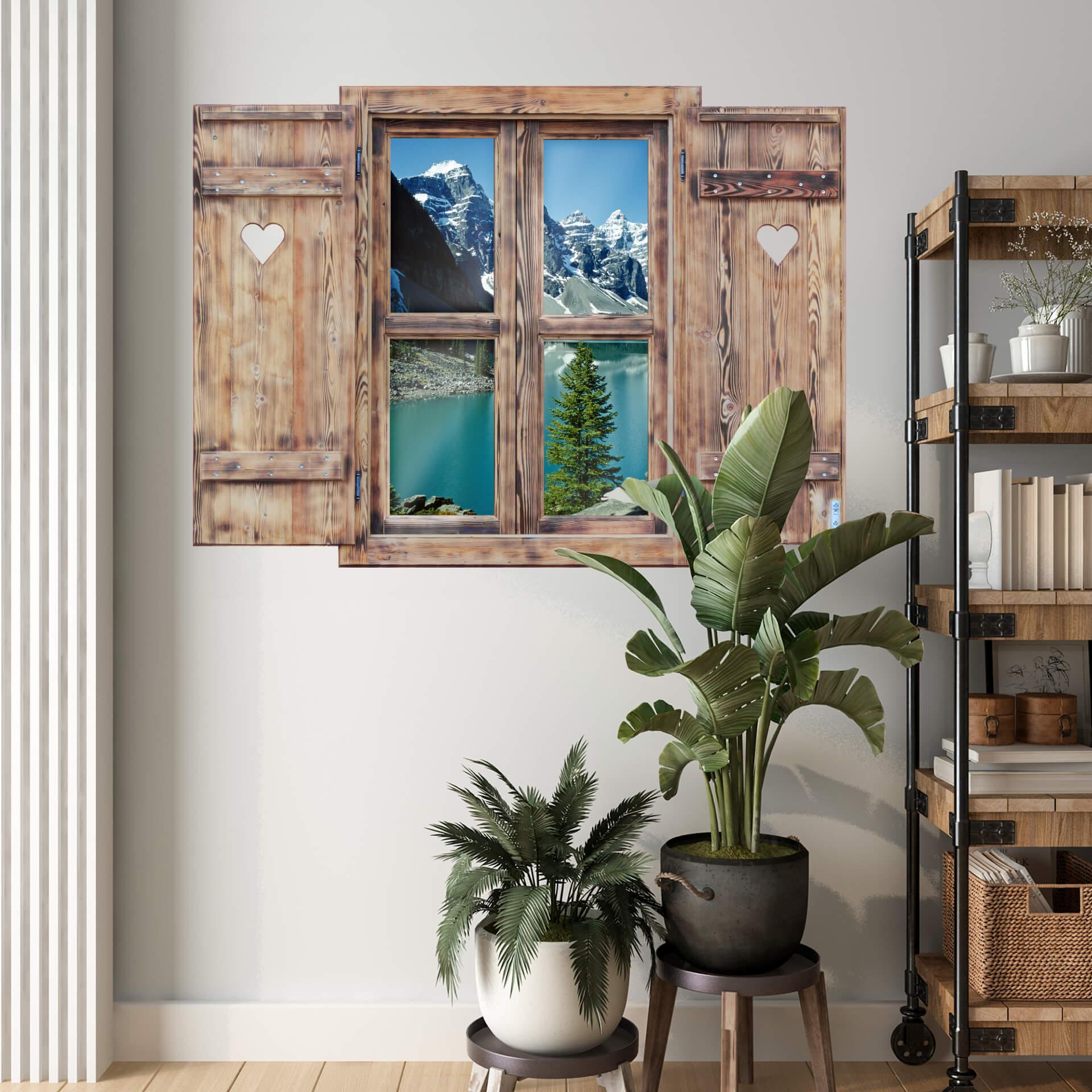 3D Wallsticker trævindue med hjerte - bjergsø-idyl