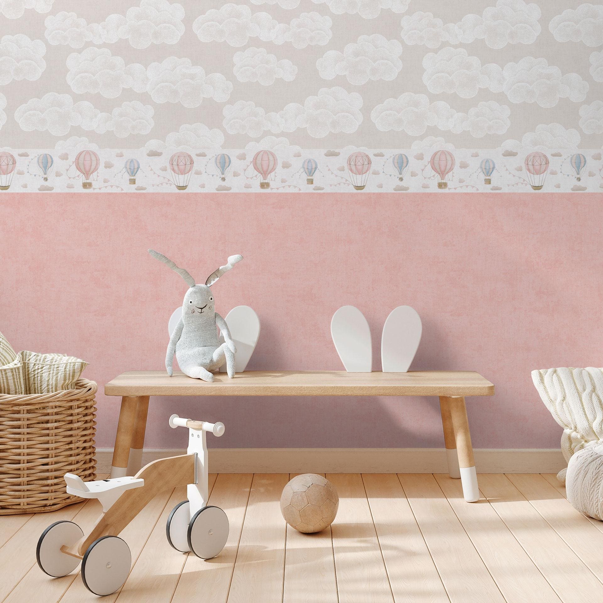 Bordur med varmluftsballoner Pink Blue Beige - Bordur med vimpler til børneværelset