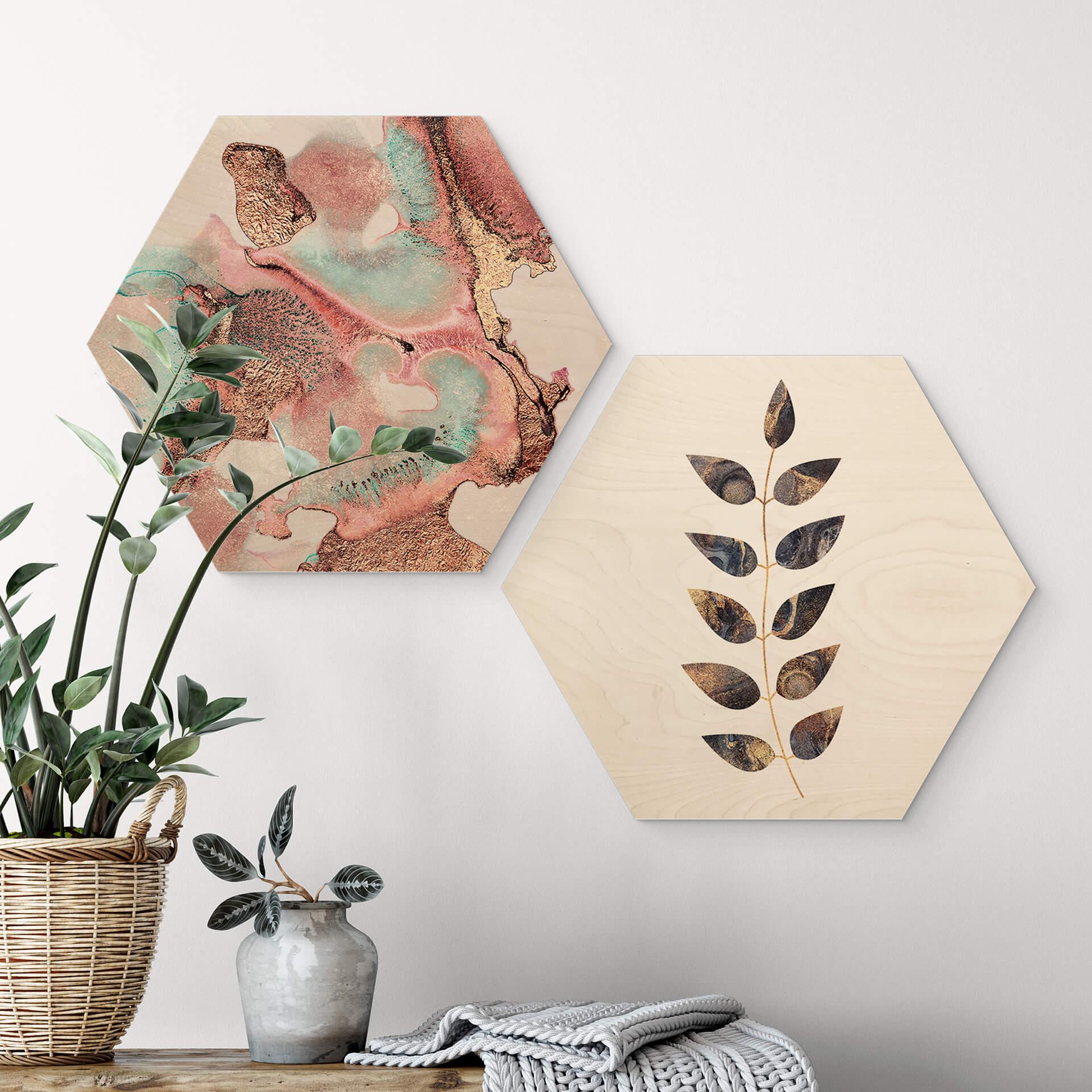 Hexagon Holzbild Fredriksson - Marmorierte Blätter
