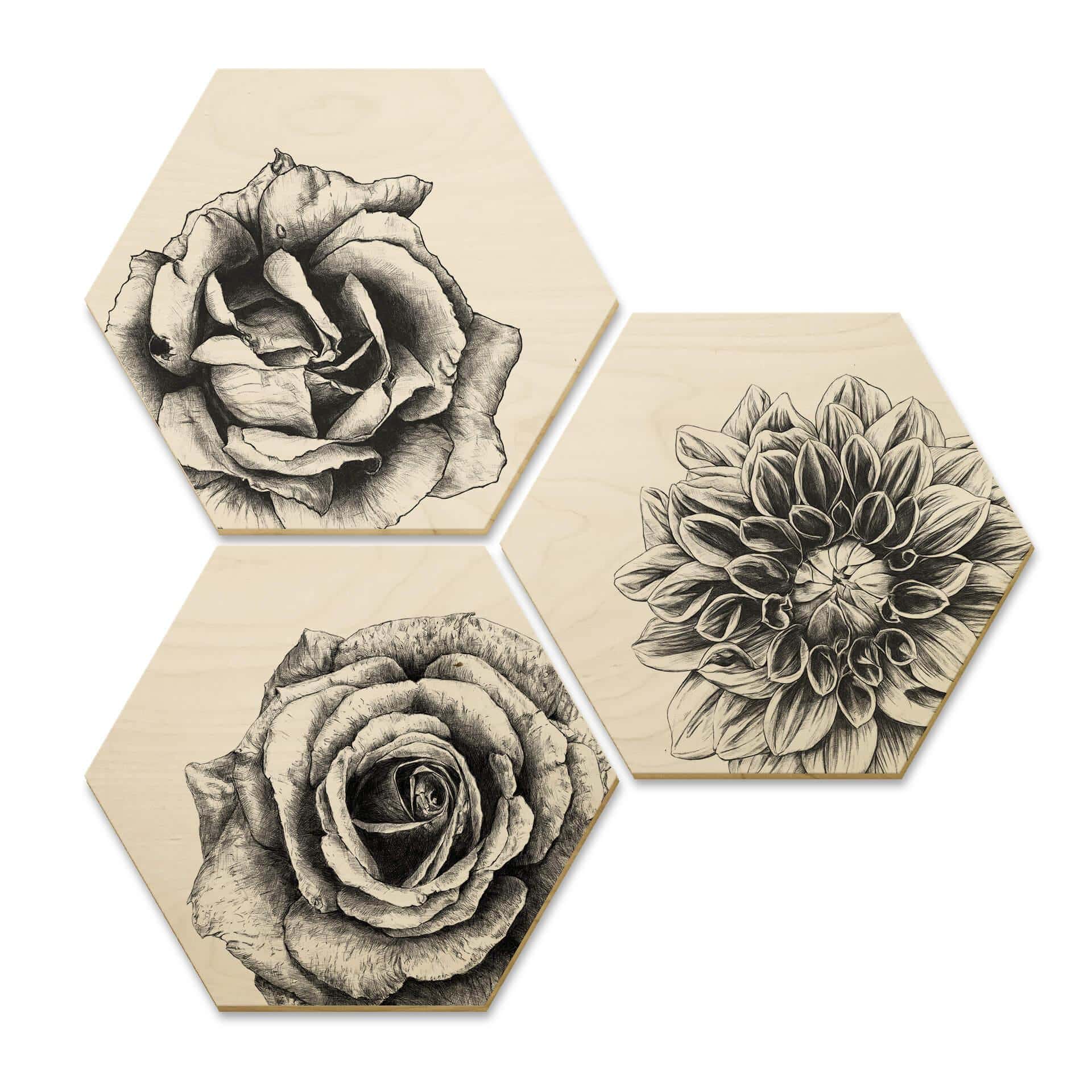 Hexagon Hout Kools - Flowers - 3-delige set