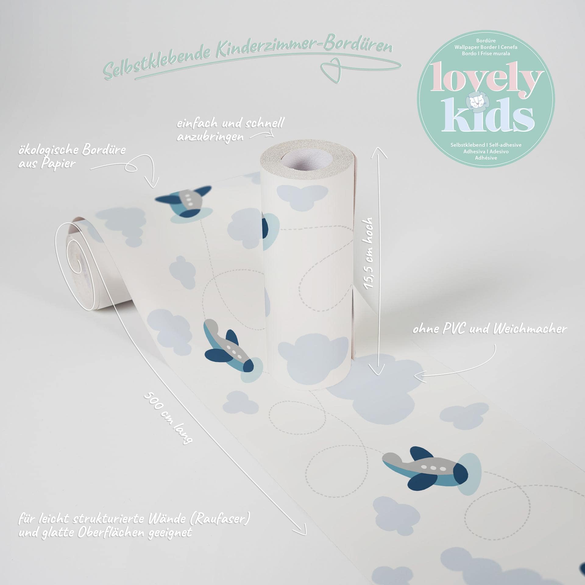 A.S. Création Lovely Kids Frise autocollante enfant - Bleu, Gris