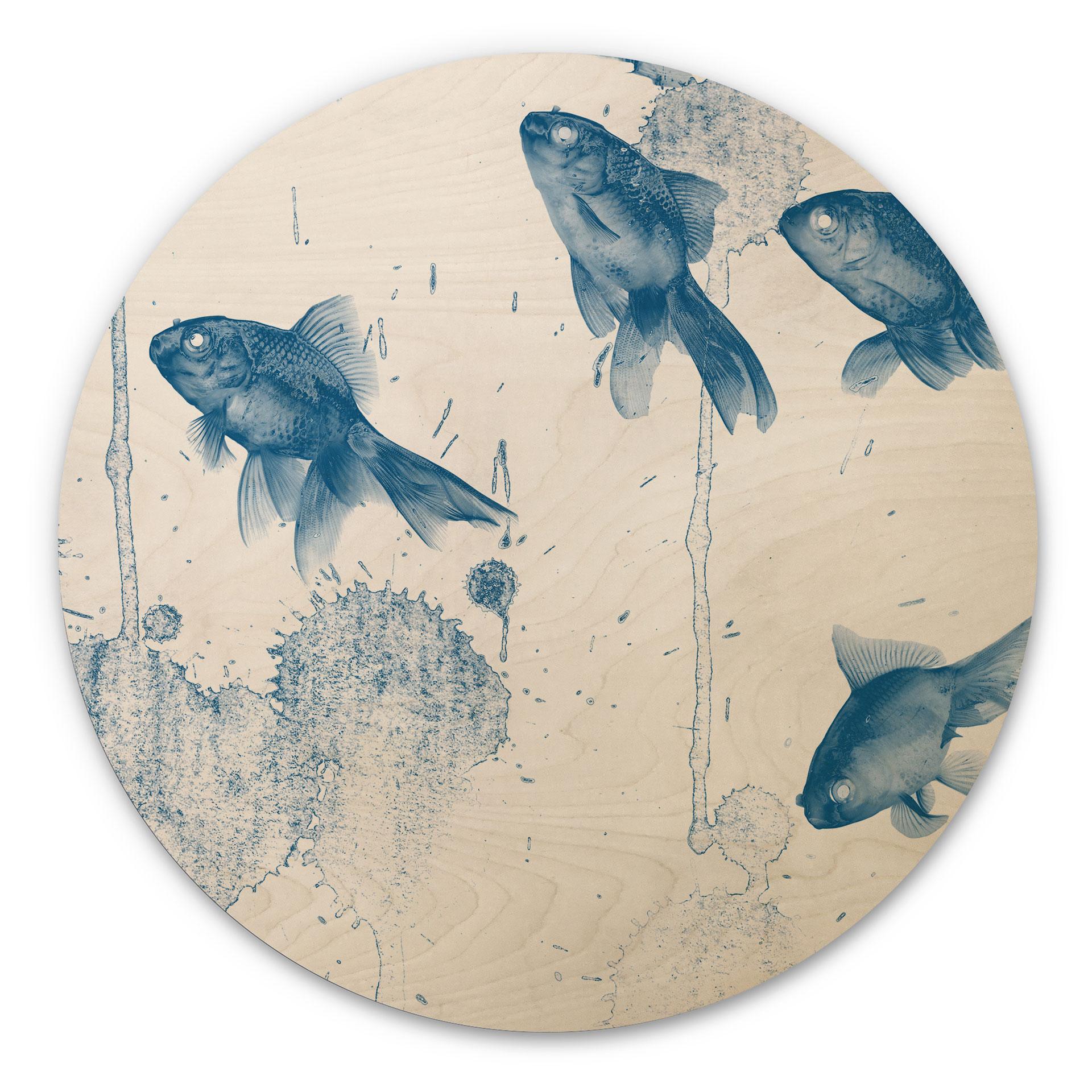 Billede af træ blå fisk - rund