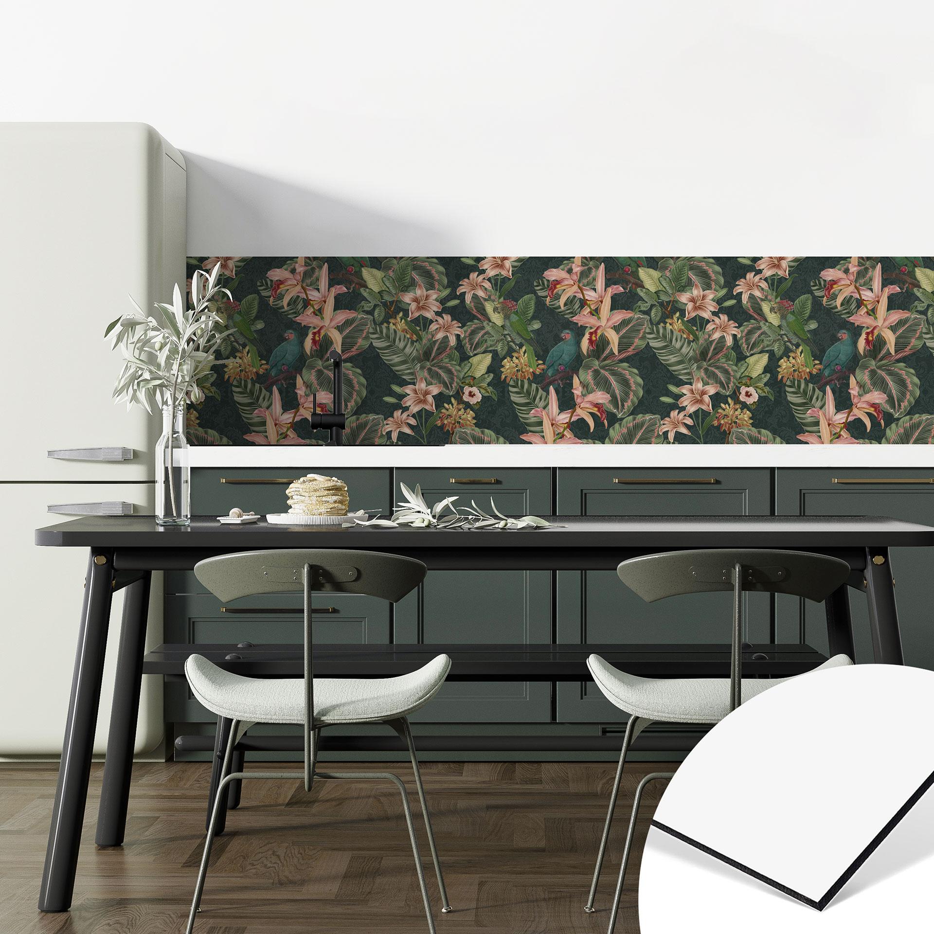 Stænkplade til køkken jungle med papegøjer natgrøn - Bloomery Decor