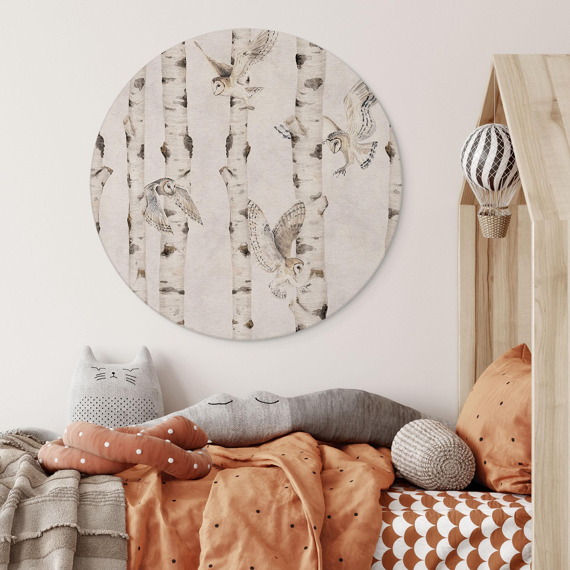 Rundes Wandbild Belle Eulen im Birkenwald - Alu-Dibond - Kikki Belle