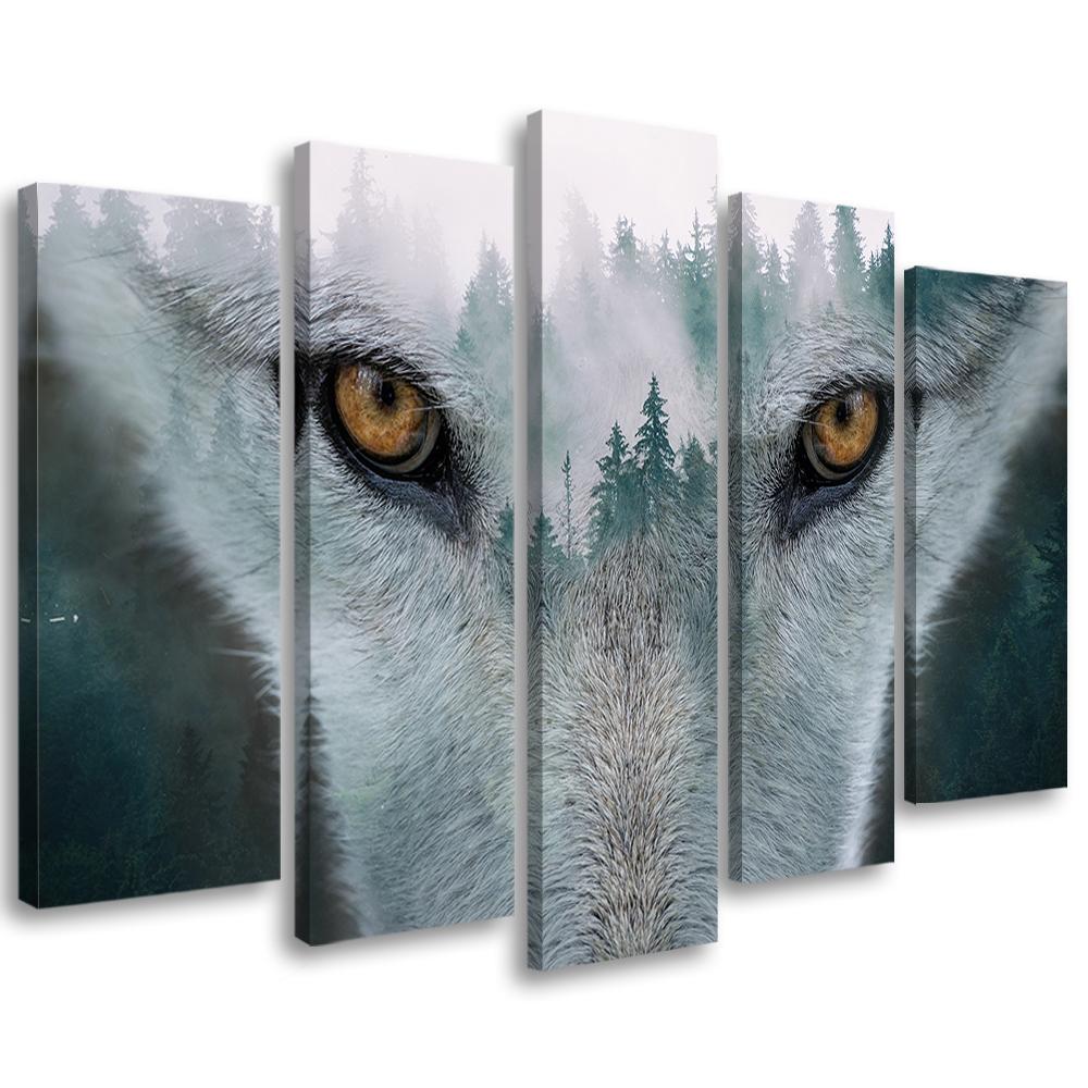 5 stykke lærredstryk, Wolf Forest Fog Nature Træer