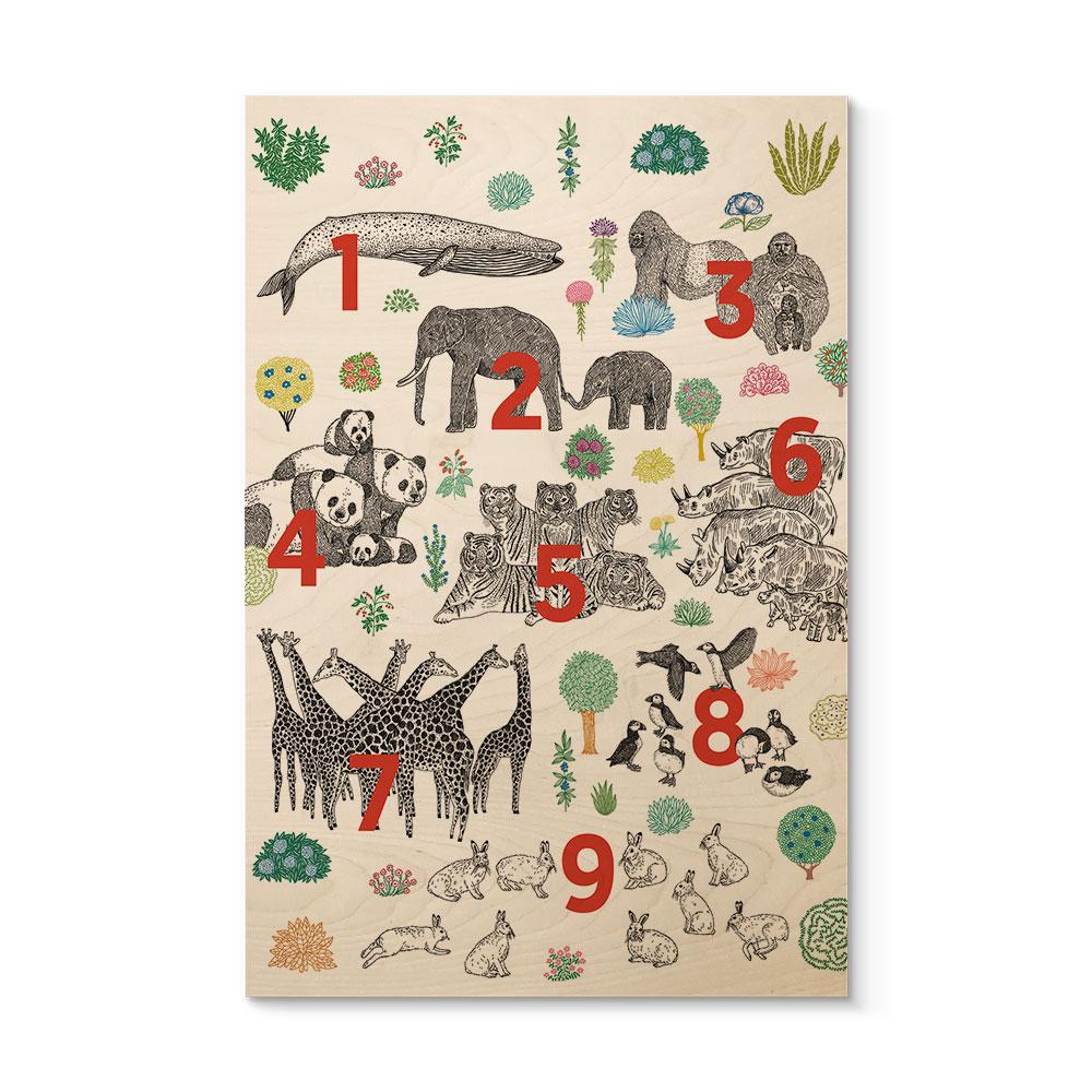 Træplakat Illustration af zoo-dyr med tal - Walentynowicz