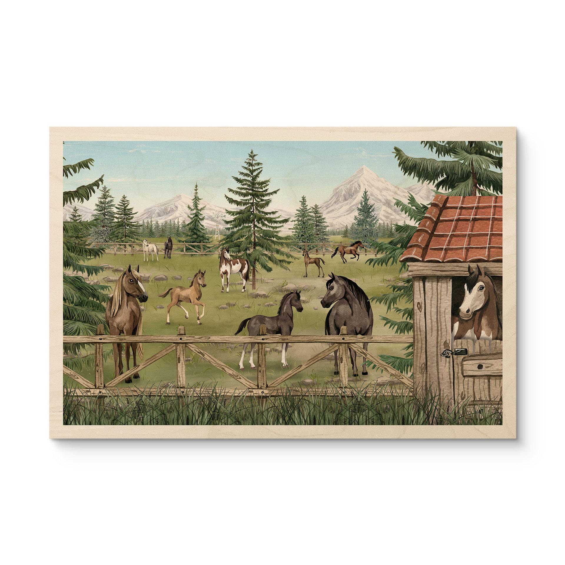 Houten Wanddecoratie Paardenwei in het Natuurpark - Oliver Robins