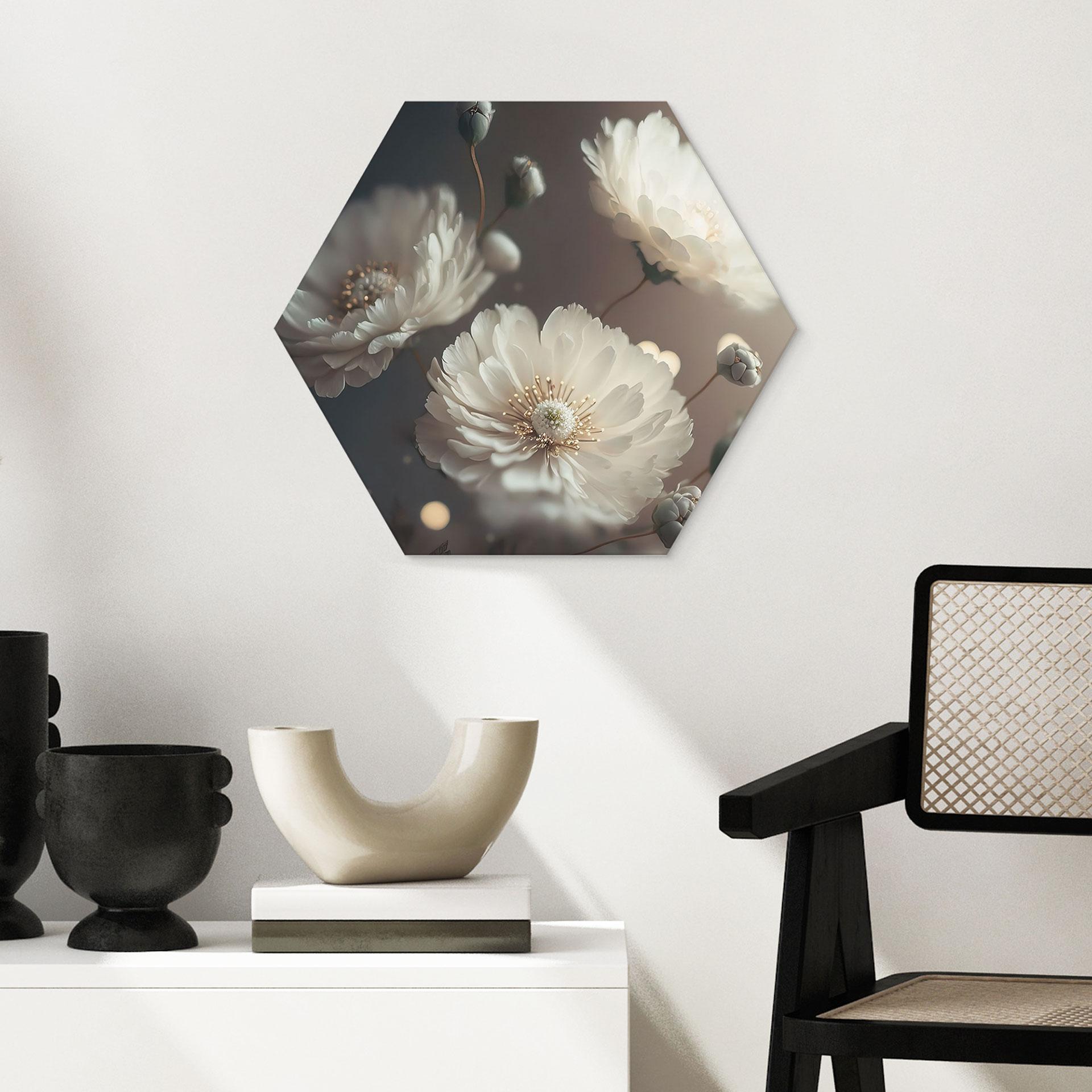 Billede Hvide blomster med guldstøv - Treechild – print på aluminium (Alu-Dibond)
