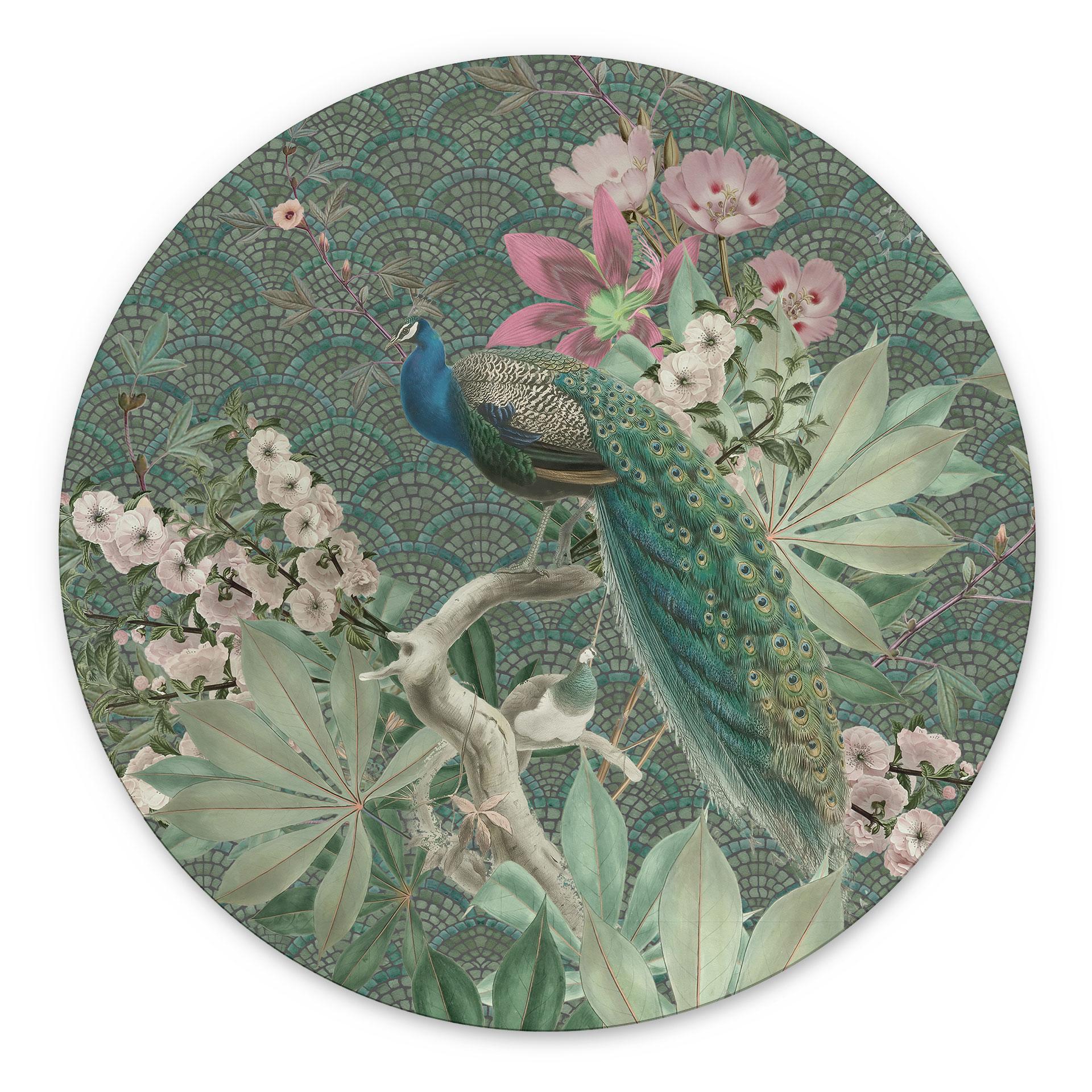 Billede af påfugl i tropisk have på mosaik - Bloomery Decor - rund – print på aluminium (Alu-Dibond)