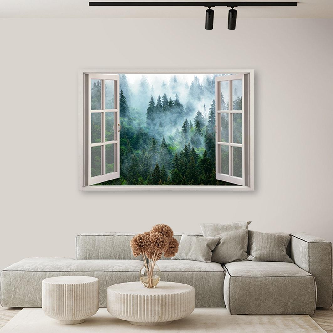 Canvasbillede, Vinduesudsigt skov i tåge natur