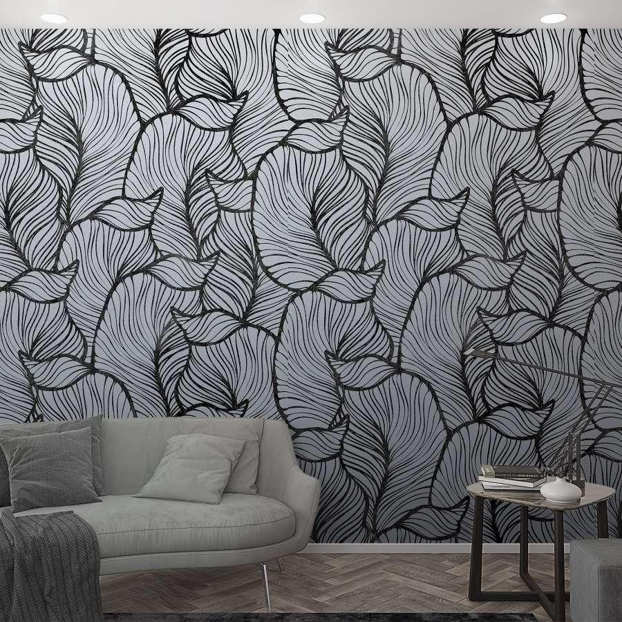 Tapet Fototapet med abstrakt bladmønster grå, sort, blomst 2,70 x 1,59 m