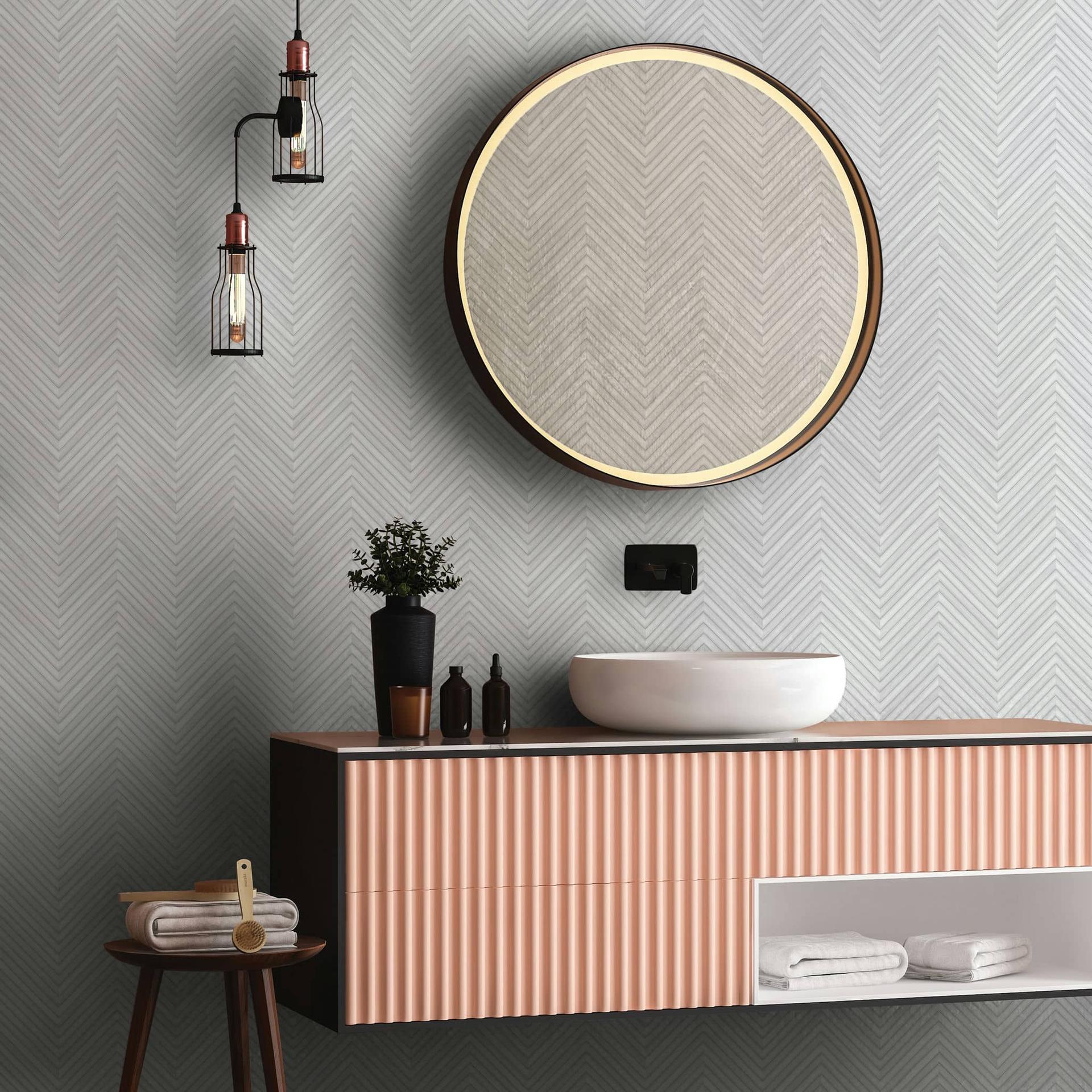 vliesbehang met visgraatmotief en houtlook grijs, wit houtlook